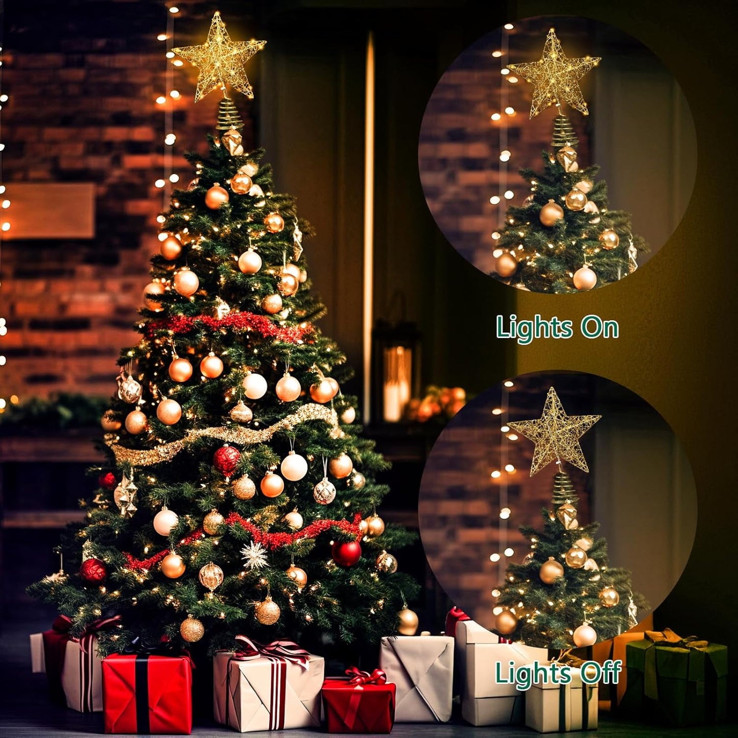 Behome Christmas Tree Topper, 12 Inches Gold Glitter Christmas Tree Ornaments, Metal Lighted with 20 LED Lights for Xmas Decorations, Holiday Party Indoor Decor
