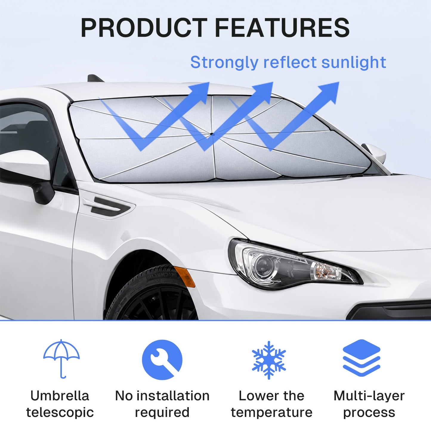 BN-LINK Foldable Car Windshield Sunshade, Heat & UV Rays Blocking Car Umbrella, Car Sun Shade with Carry Bag, Universal Fits Cars & SUVs (55.1" x 31.5")