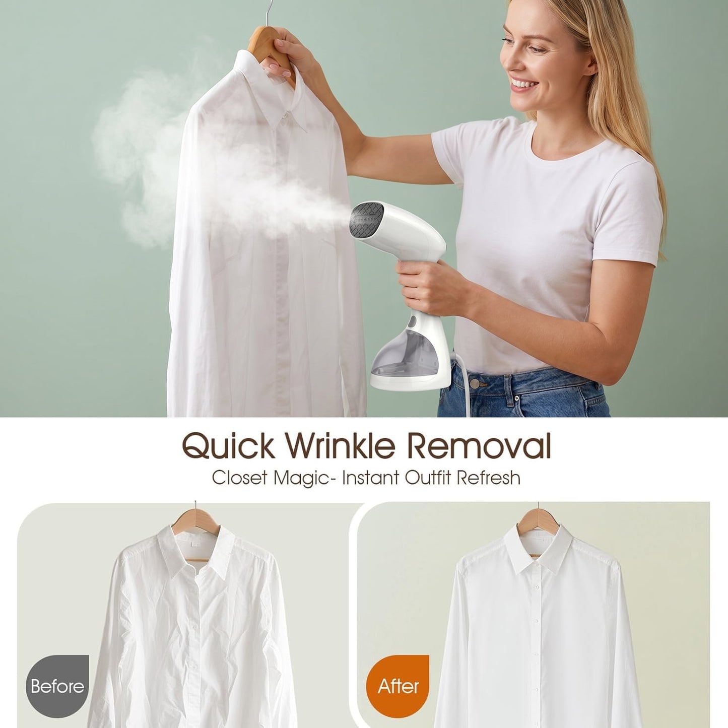 Behome 3 Level Handheld Steamer for Clothes, 265ml Large Capacity & Fast 30s Heat-up, Clothes Steamer with Brush, Travel Steamer for Home, Office