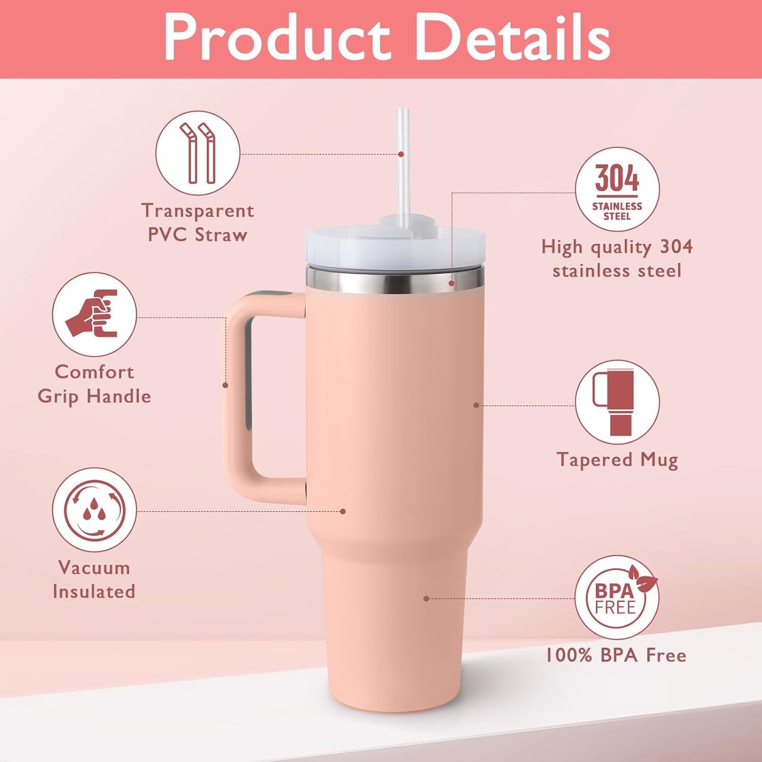 BN-LINK 40 oz Tumbler with Handle and Straw Lid, Simple Modern Design, Insulated Cup Reusable Stainless Steel, Water Bottle Travel Mug Cup holder Friendly, Gifts for Women Men (Pink)