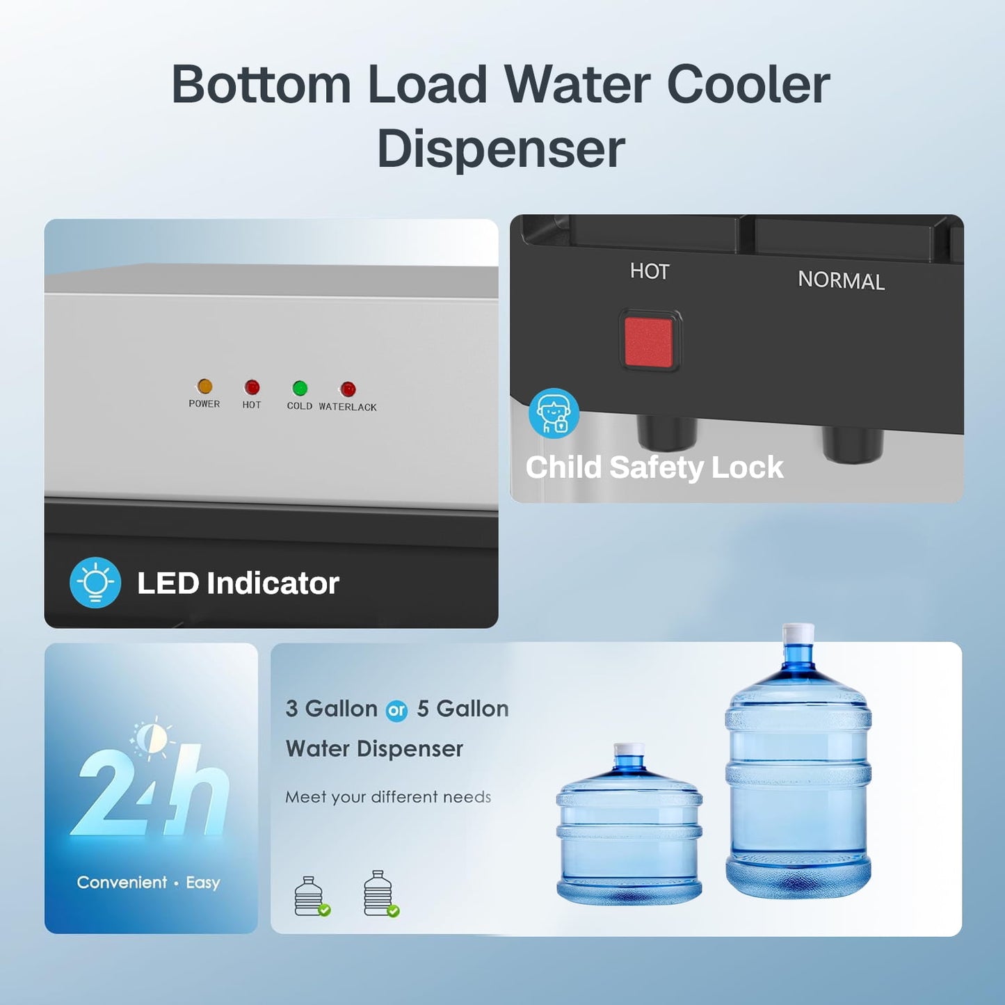 Behome Bottom Load Water Cooler Dispenser with Lack Water Alert, 3 Temperature Settings-Hot, Cold & Room-Temperature Water, Holds Up to 5 Gallon Bottles, for Homes, Kitchens, Dorms