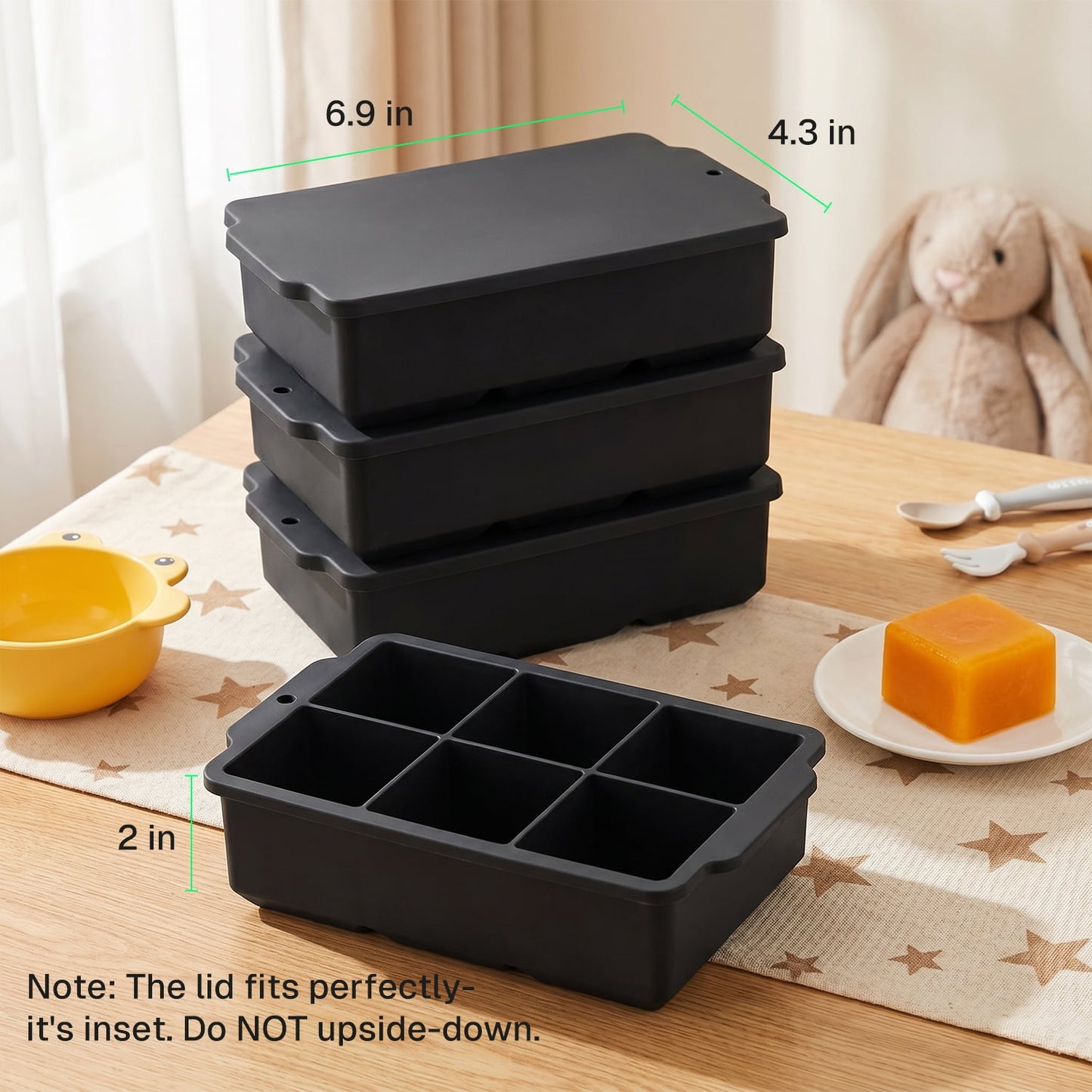 Behome 3 Pack Ice Cube Tray with Lid, 7 inch Cube Ice Trays for Cocktail Whisky, Ice Maker Tray with Lid for Freezer, Easy Release, Black