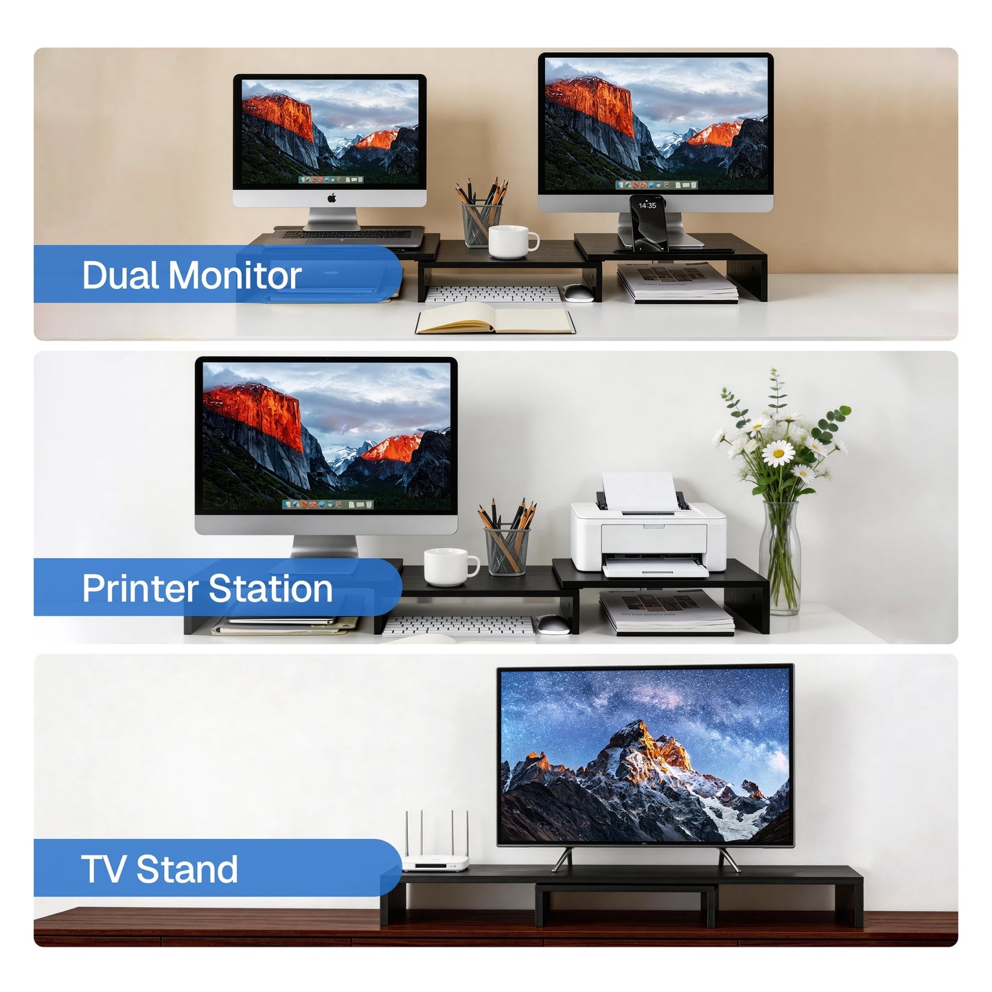 Behome Monitor Riser, Dual Monitor Stand Riser for 2 Monitors, Adjustable Length and Angle with 2 Slot, Computer Monitor Stand for Screen, Computer, Printer (Black)