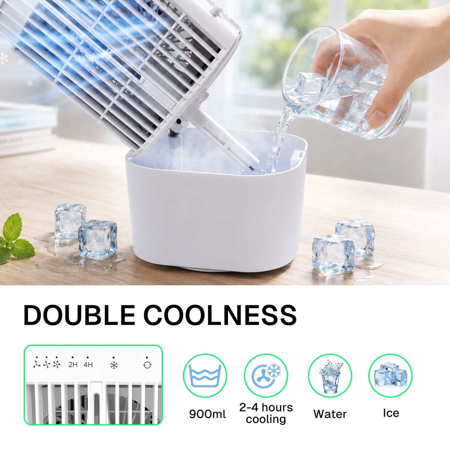 Behome Mini Portable Air Conditioners, 4-in-1 Personal Mini Air Conditioner Cooling Fan, Cooling Fan with 3 Speeds & 3 Mist, 7-Color Night Light, 900 ML Small Cooling Fan For Indoor Office Bedroom