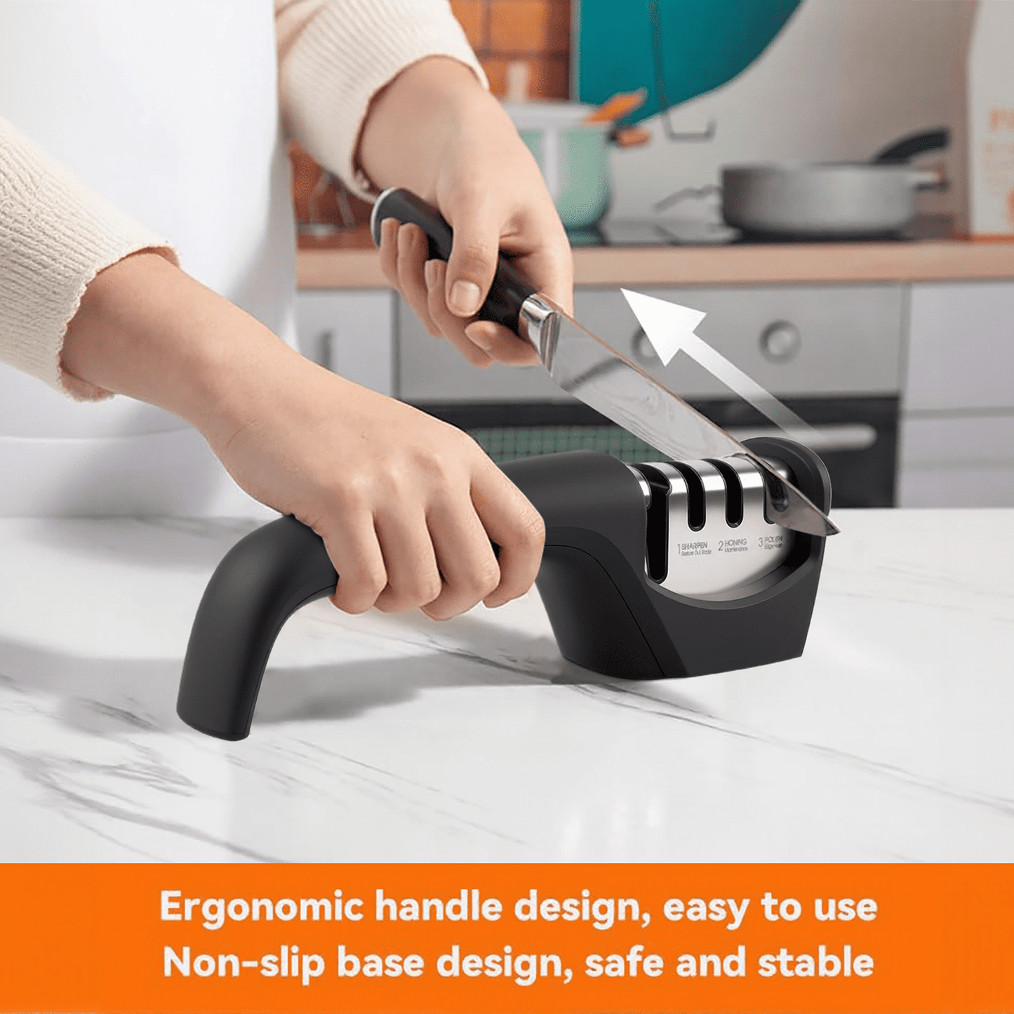 Behome 4-in-1 Knife Sharpener, 4-Stage Knife Sharpener Helps Sharpen, Honing, Polish Blades, kitchen Manual knife Sharpener for Fruit Knife and Steel Knives, Scissors