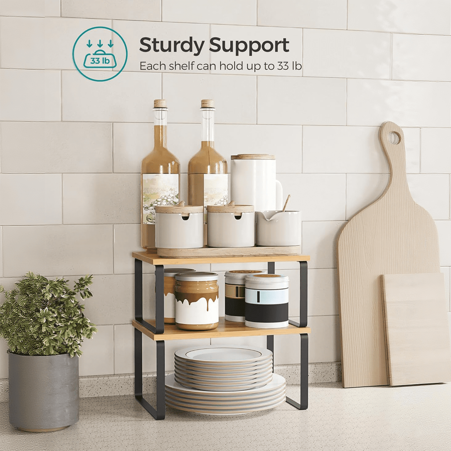 Behome Cabinet Organizer Shelf set of 2, Stackable Expandable Counter Shelf Rack, Kitchen Counter Rack Shelves Riser for Plate Dish, Cup Mug, Spice