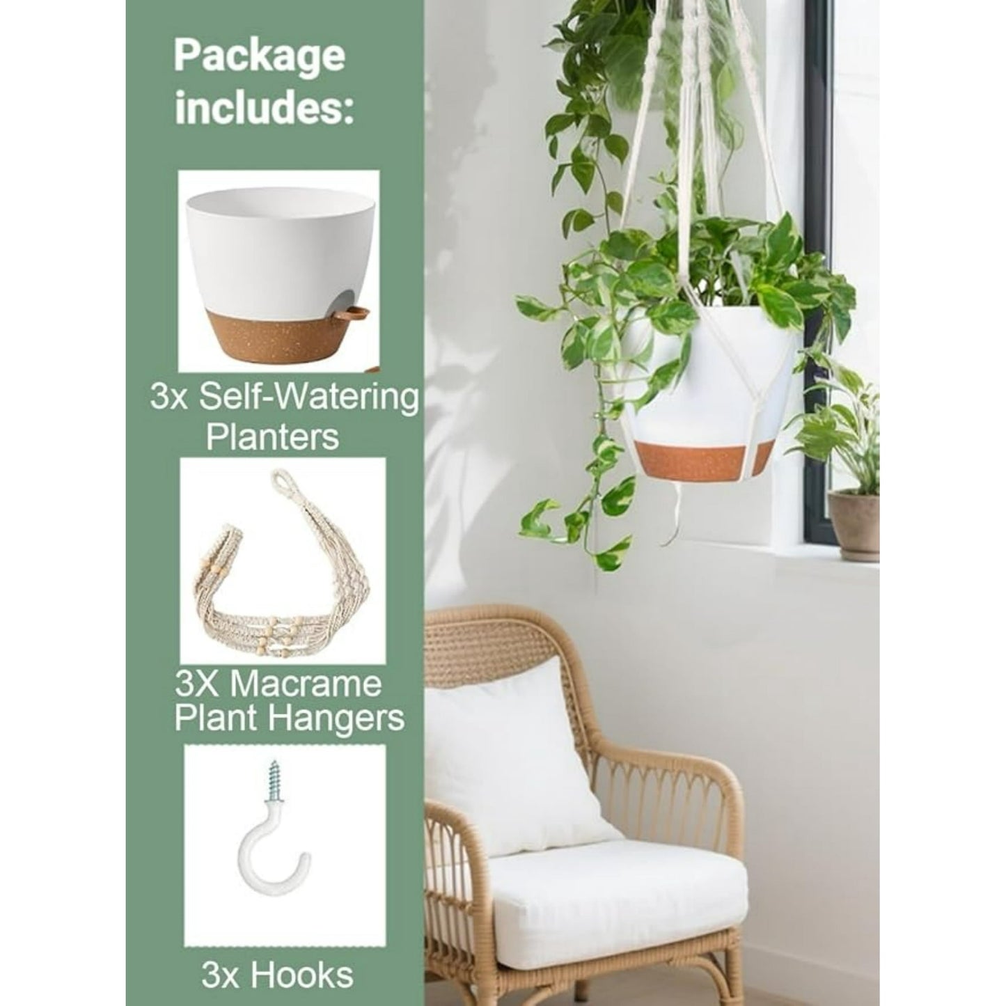 Behome Hanging Planters for Indoor Plants, 3 Pack Cotton Rope Plant Hanger with 3 Hanging Hooks, Garden Home Decor Ceiling Plant Holder for Indoor Outdoor, White