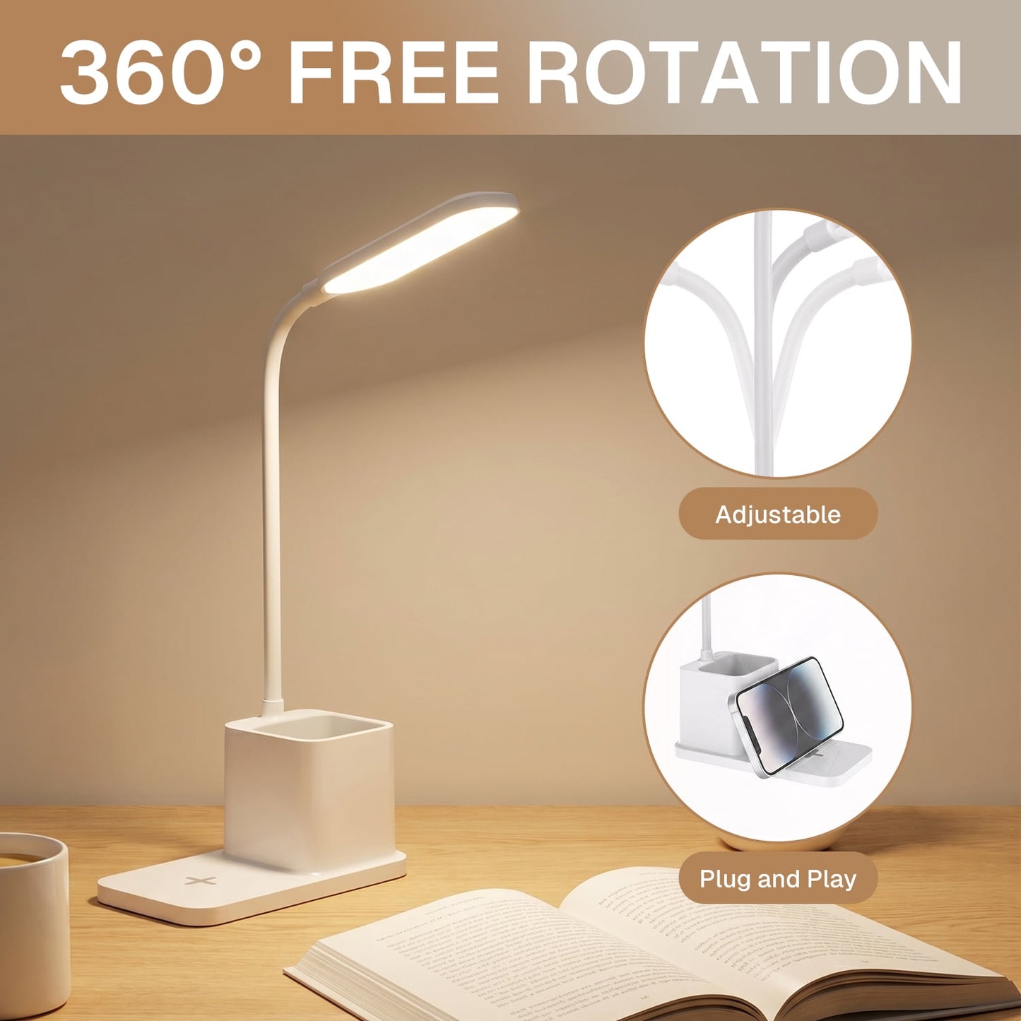 Behome LED Desk Lamp with Wireless Charger & Pen Holder, Eye-Caring 3-Color Dimmable Table Lamp, Flexible Gooseneck Desk light for Home Office School, White