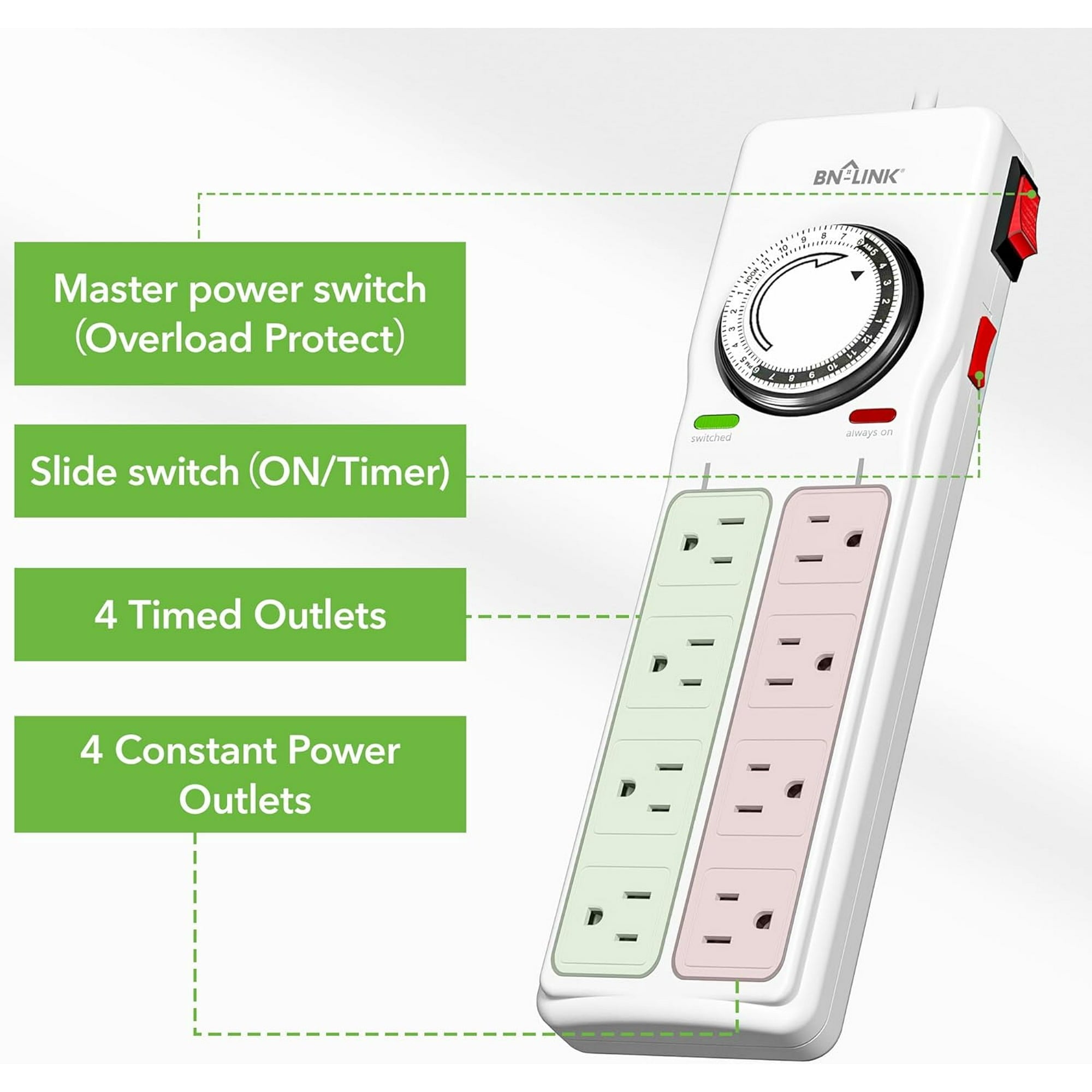 BN-LINK 8 Outlet Surge Protector with Mechanical Timer (4 Outlets Timed, 4 Outlets Always On), White