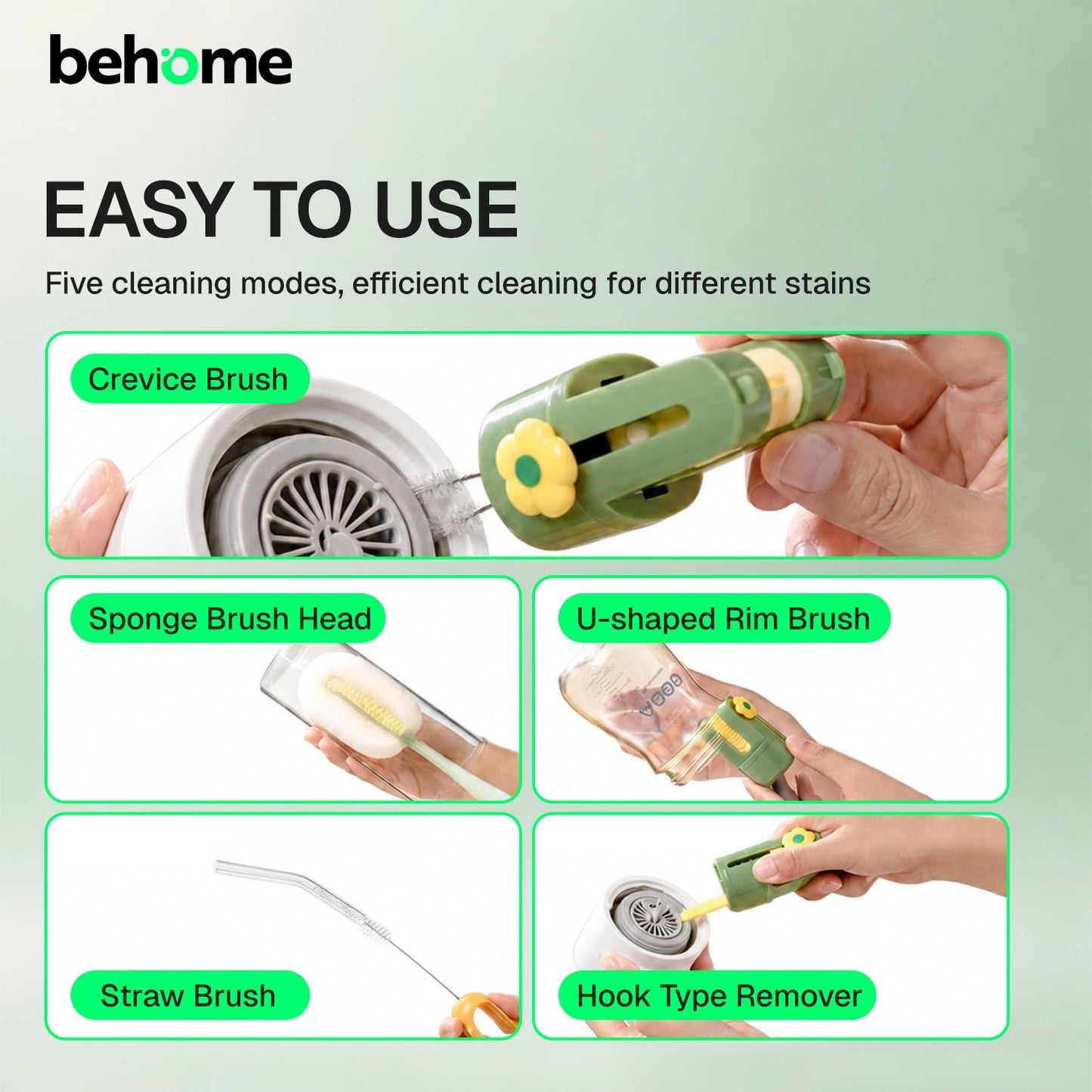 Behome 2 Pack Bottle Brush, 5 in 1 Multifunctional Bottle Brush Cleaner with Long Handle for Cleaning Cup, Water Bottles, Tumblers, Baby Bottles