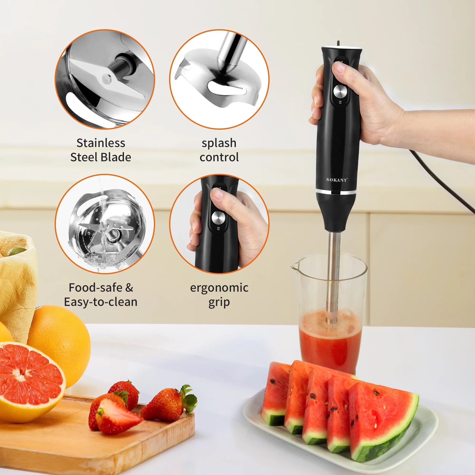 BN-LINK Immersion Blender, Hand Blender Electric, 4-in-1 Immersion Blender Handheld, 2-Speed, 500W Hand Blenders Immersion, Hand Mixer for Smoothies, Baby Food & Soup, Black