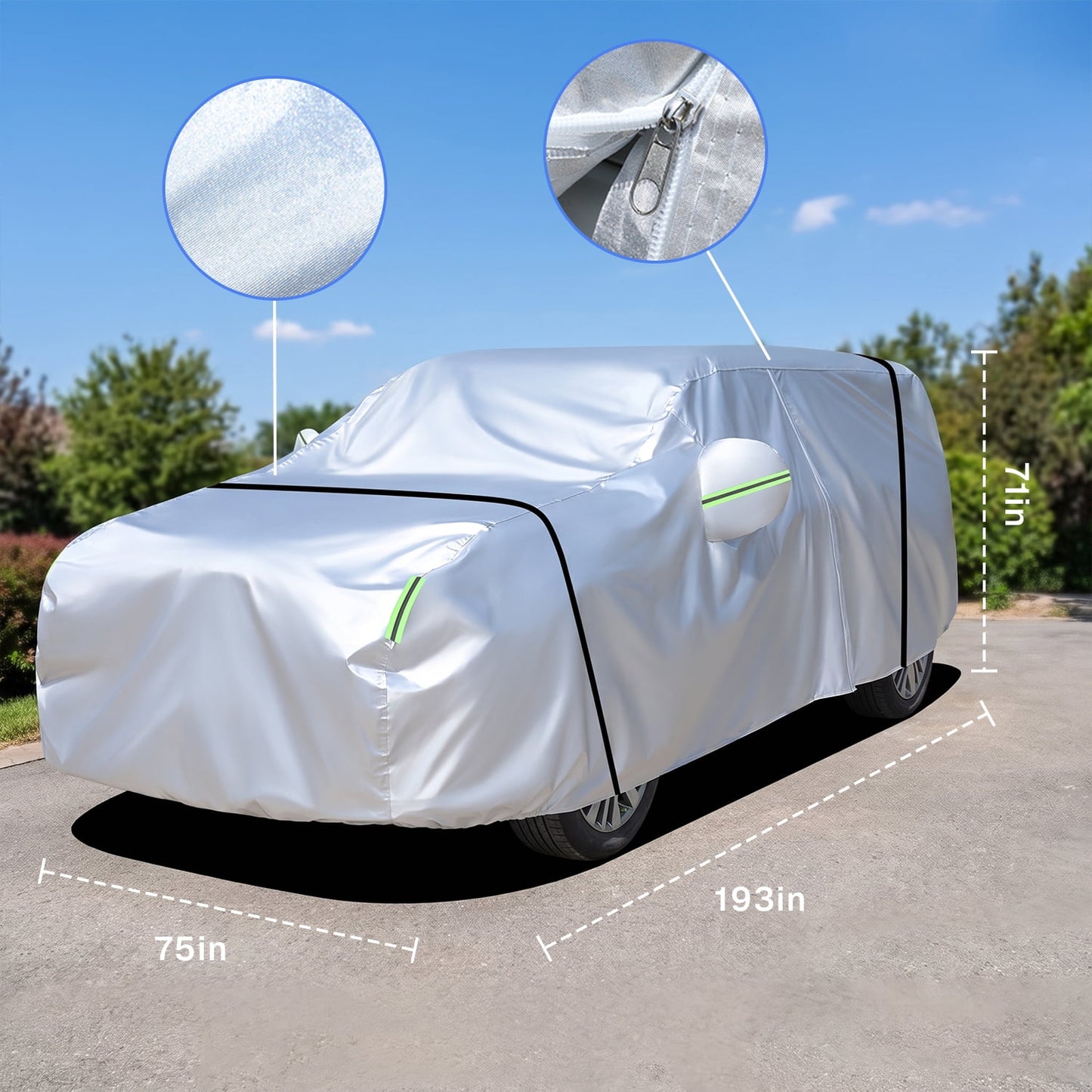 BN-LINK 2-Layer Car Cover Waterproof All Weather, Car Covers for Automobiles with Reflective Strips & Side Zipper, Sun Wind Rain Snow UV Protection Full Exterior Covers for SUV