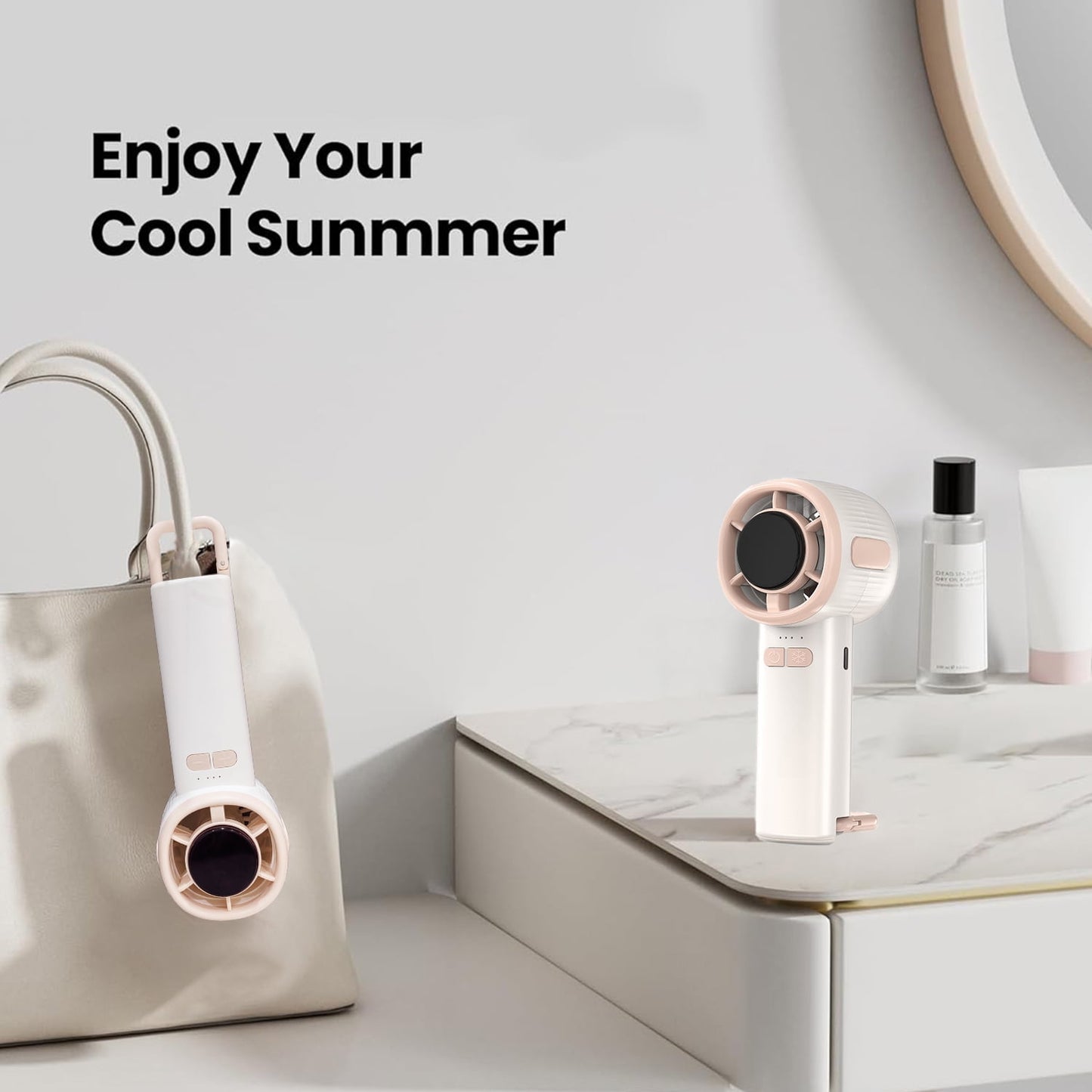 BN-LINK Mini Handheld Fan, Four Speeds Adjustable USB Rechargeable Fan, Portable Fan With Hook & Digital Display, Gifts for Makeup Stylish Girl Women Men Indoor/Outdoor Travel, White