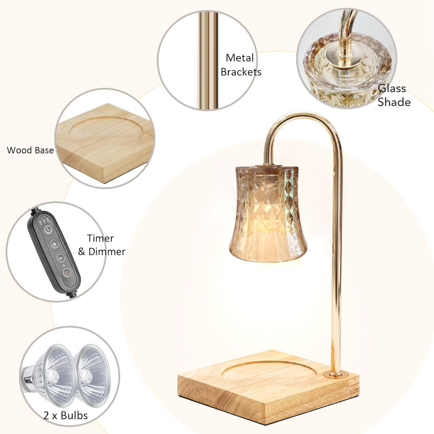 Behome Candle Warmer Lamp with Timer & Dimmer, Wax Melt Warmer with 2 Bulbs for Jar Candles, Home Decoration Gifts for Women, Gold