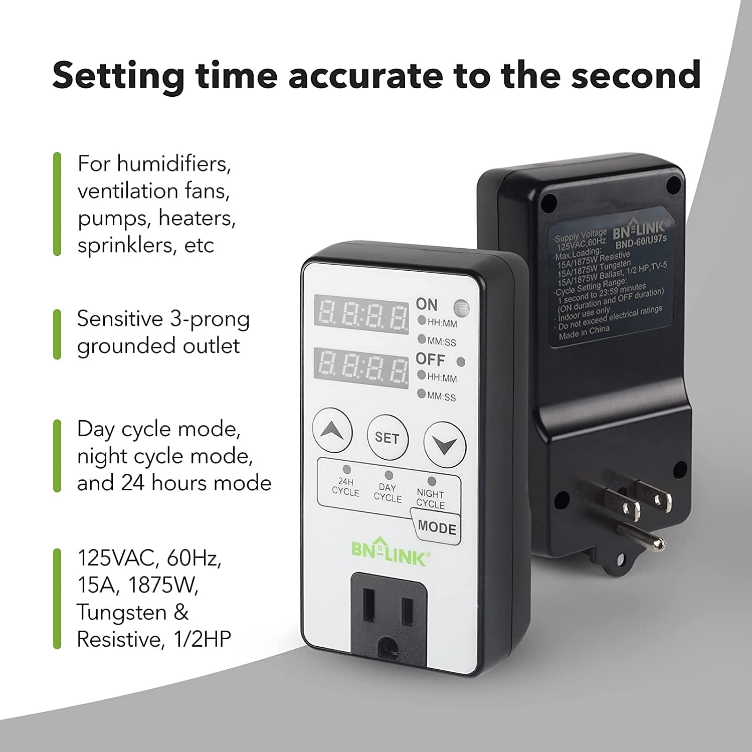 BN-LINK Timer Outlet Short Period Repeat Cycle Intermittent Digital Timer, Interval Timer - Day, Night, or 24 Hour Operation, Programmable Plug-in Timer for Appliances Electrical Outlets 15A/1875W