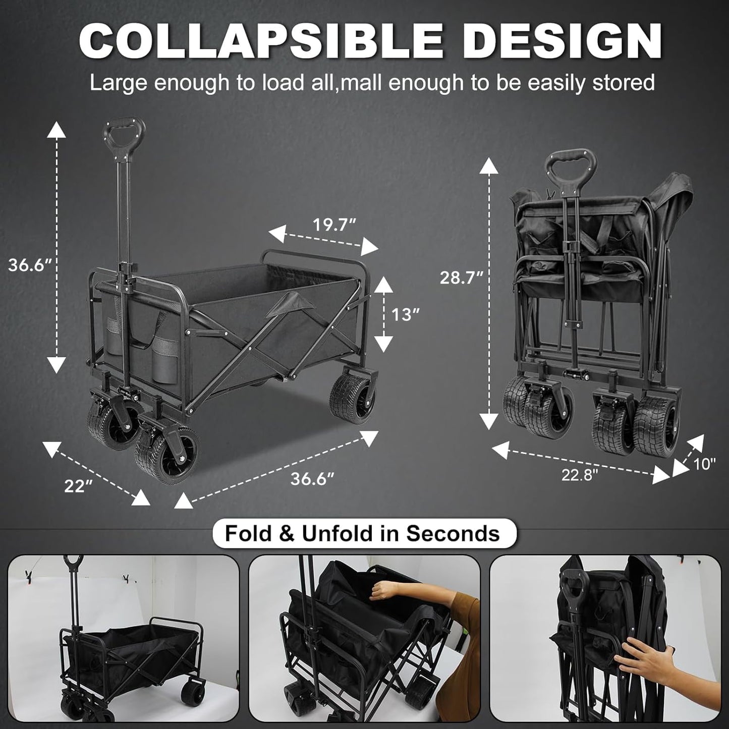 BN-LINk Collapsible Folding Wagon Cart, 330lb Heavy Duty Utility Cart with Silent Universal Wheels & Brake, Garden Cart with Side Pocket, Adjustable Handle, for Camping, Picnic