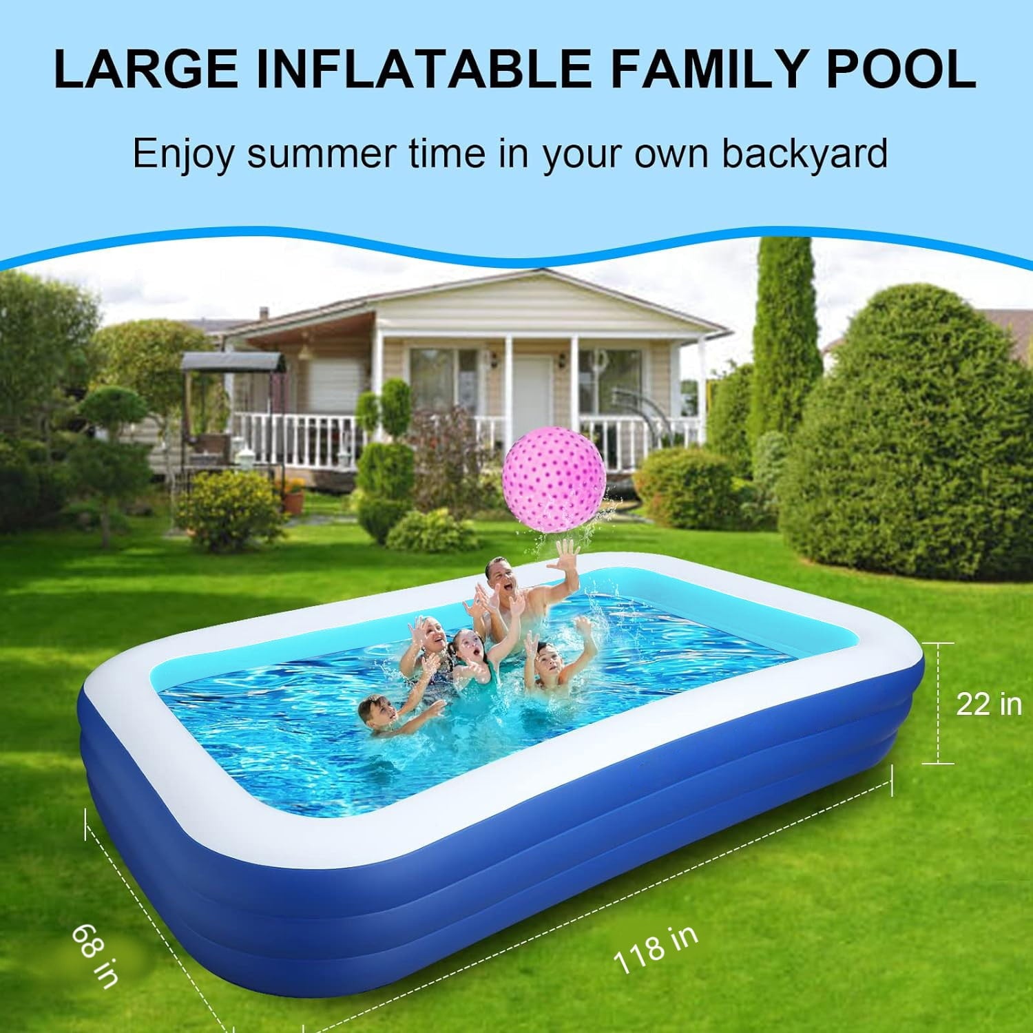 BN-LINK Inflatable Pool for Kids and Adults, 118" X 68" X 22" Oversized Thickened Family Swimming Pool for Toddlers, Outdoor, Garden, Backyard, Summer Water Party