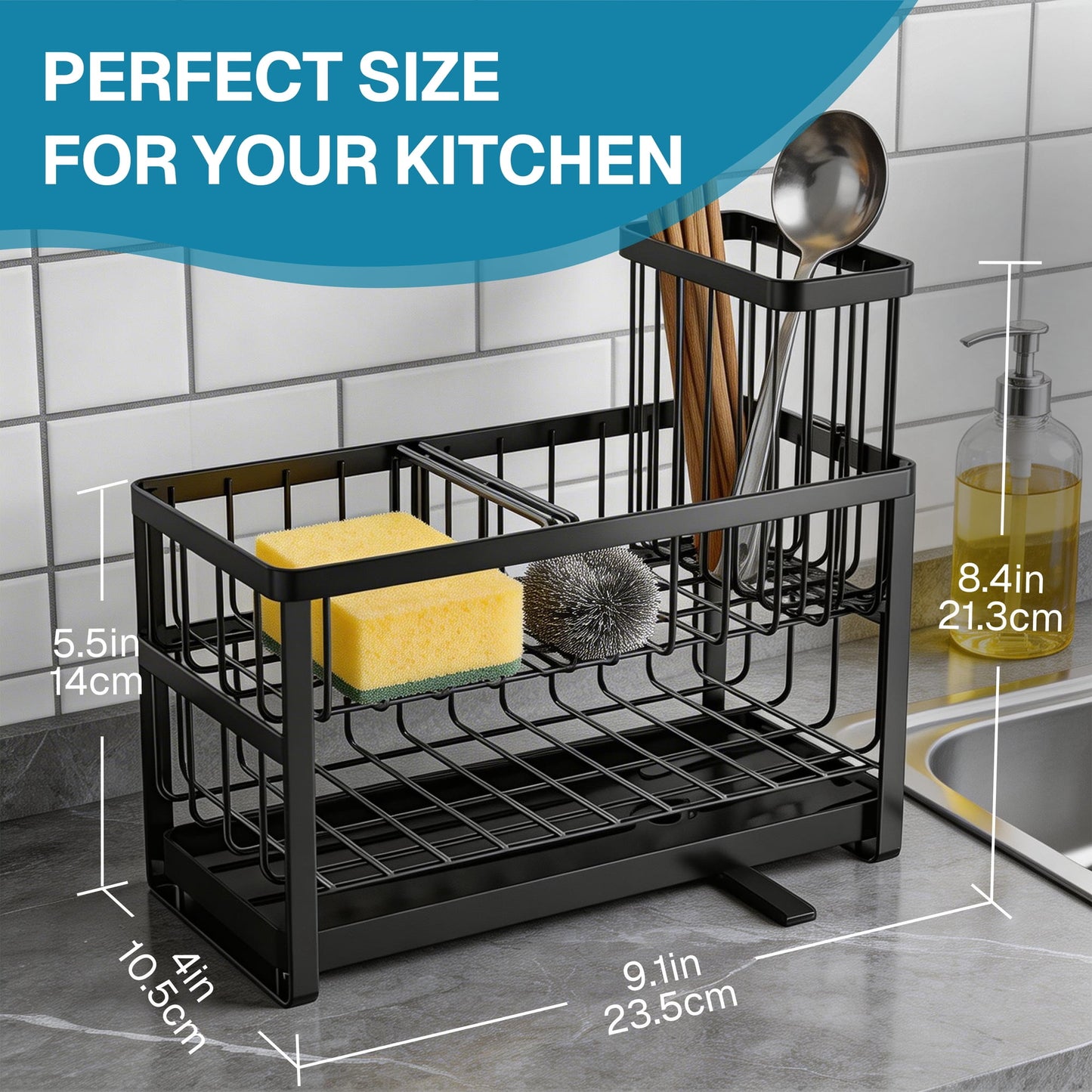 Behome 2-Tier Sponge Holder for Kitchen Sink, Sink Caddy Organizer with Brush Holder and Removable Drain Tray, Rustproof Countertop Organizer for Sponge, Soap Dispenser Storage Accessories