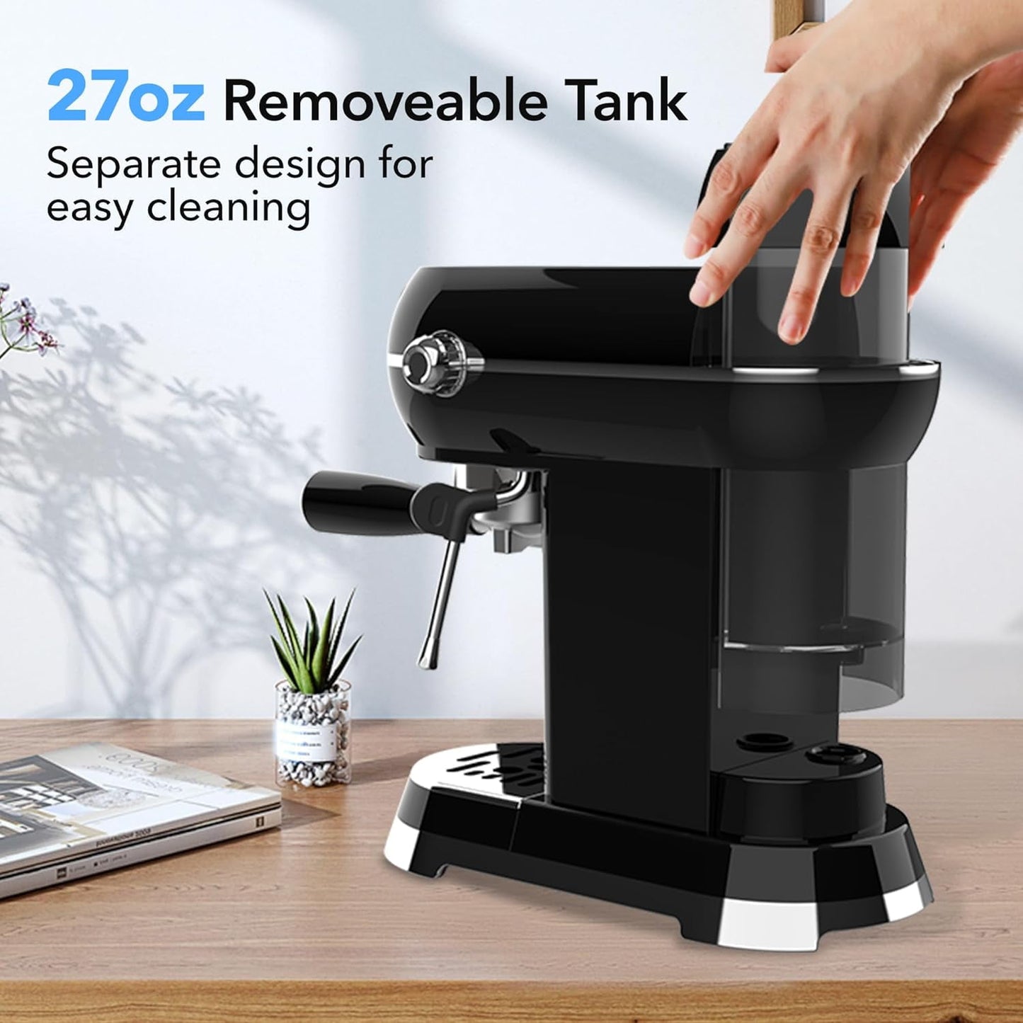 HBN Espresso Machine, 20 Bar Professional Espresso Maker with Milk Frother Steam Wand, Compact Coffee Machine with 27oz Removable Water Tank for Cappuccino, Latte, Americano