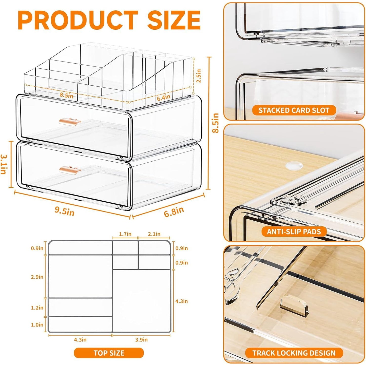 Behome 3 Tier Clear Makeup Organizer Countertop, Makeup Storage with Drawer, Cosmetic Organizer for Bathroom Vanity, Brushes, Jewelry