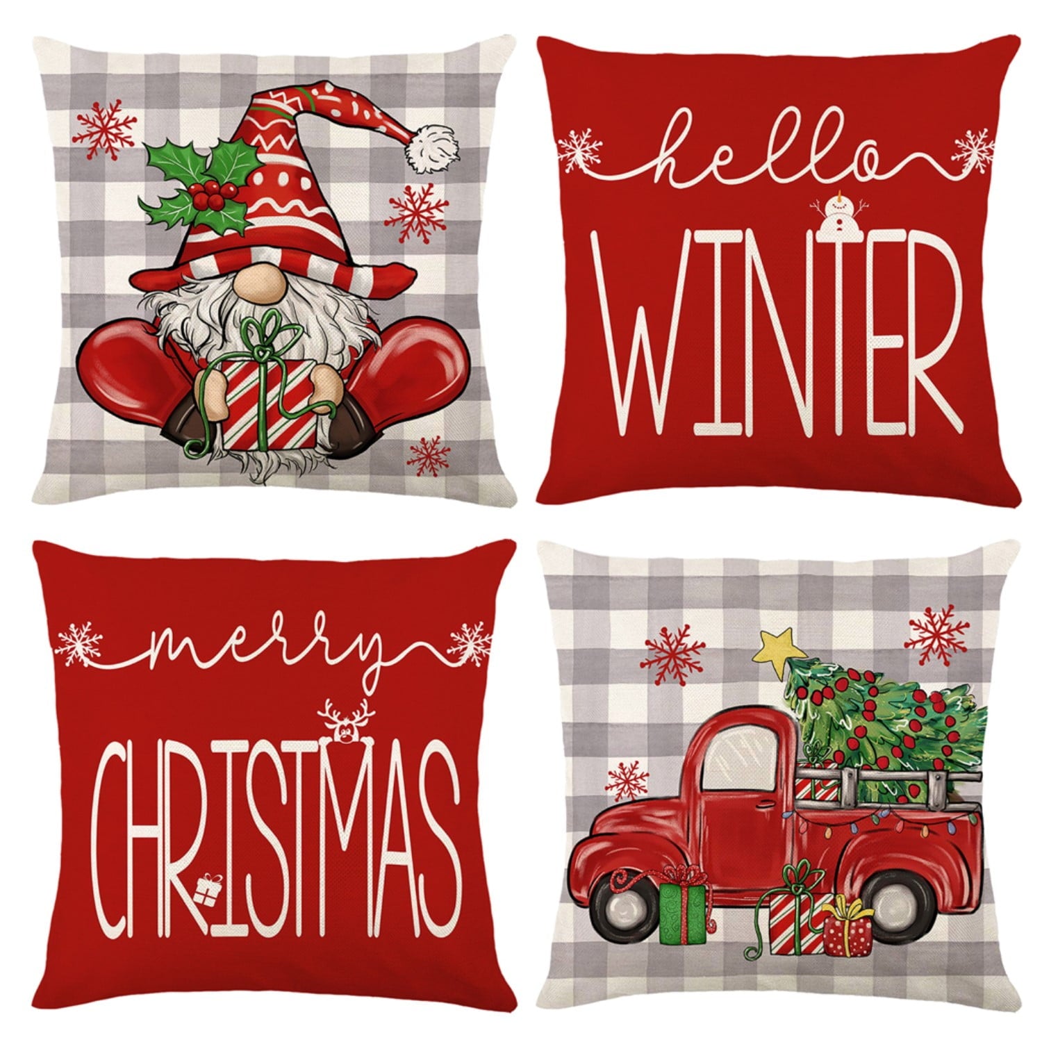 Behome Christmas Pillow Covers, 18 x 18 inch Set of 4 Christmas Decorative Throw Pillows Covers, Christmas Decorations Holiday Red Pillow Cases for Couch Sofa