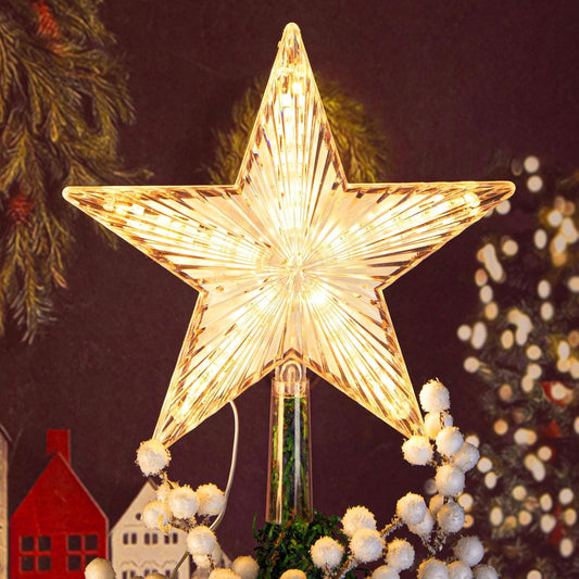 Behome Christmas Tree Topper, 8.7 Inch LED Lighted Star Tree Top, Warm White Light Christmas Tree Decor for Christmas Holiday Home, Clear