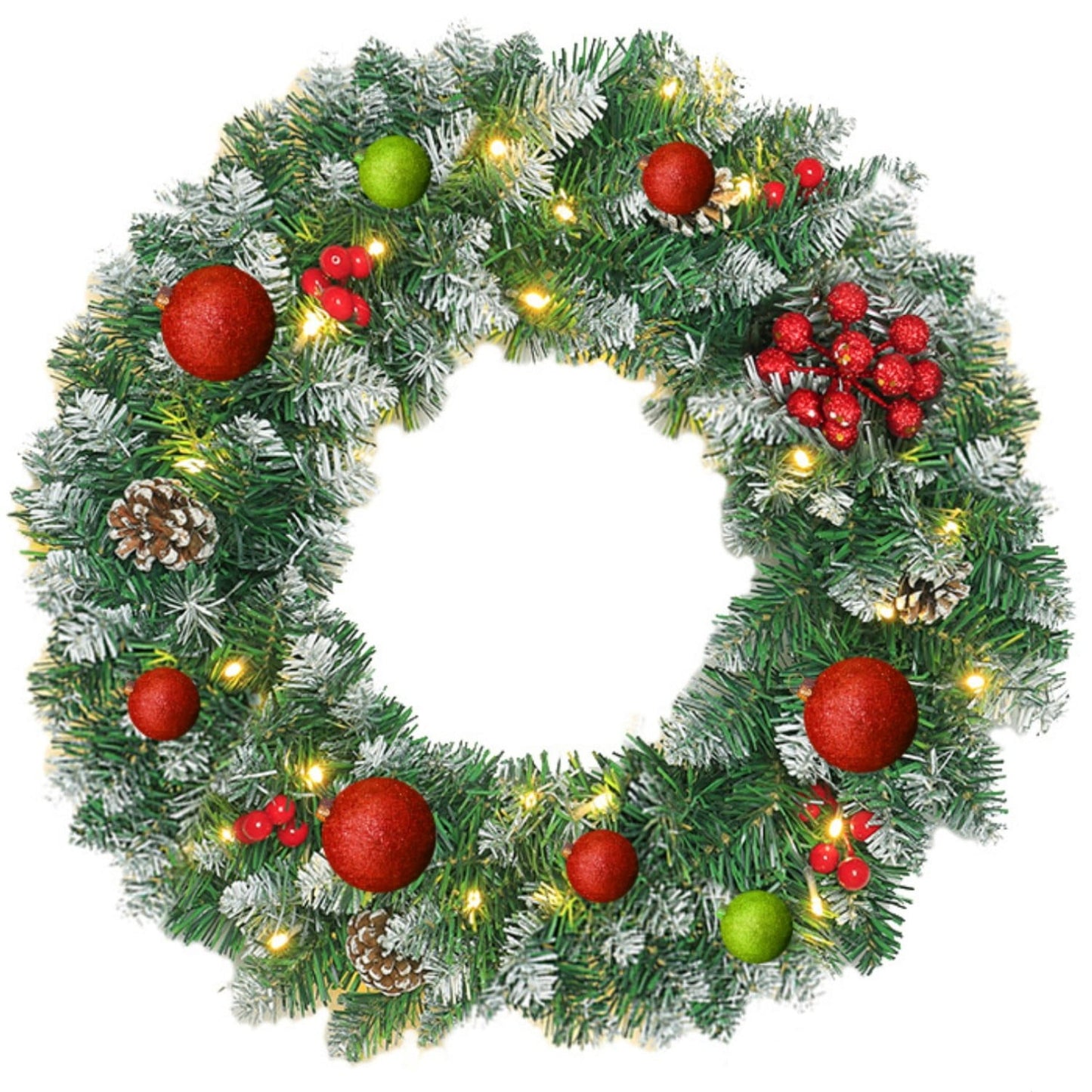 BN-LINK 24 Inch Pre-Lit Artificial Christmas Wreath, 8 Lighting Modes & 50 LED Lights & 180 Branch Tips, X-max Decoration for Home Wall Window Porch