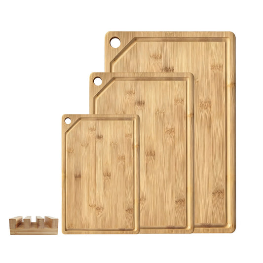 Behome 3 Pack Bamboo Cutting Boards Set for Kitchen, Wooden Chopping Boards with Holder and Deep Juice Grooves, Durable Serving Boards for Meat, Vegetables & Fruits