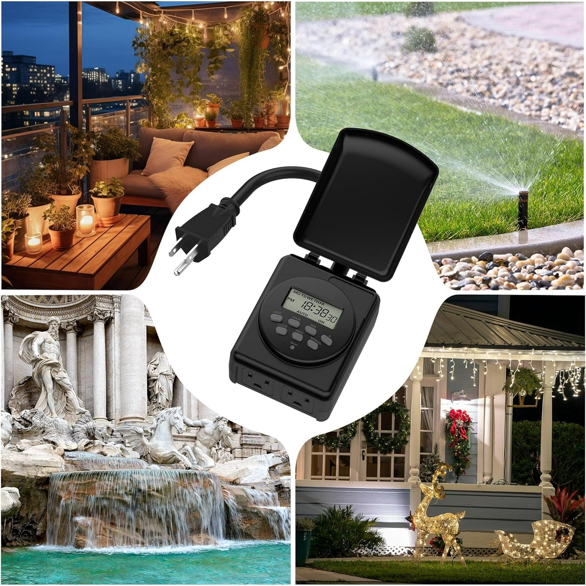 BN-LINK 7 Day Outdoor Heavy Duty Digital 24 Hour Programmable Timer, Dual Outlet, Weatherproof, Heavy Duty, Accurate for Lamps Ponds Christmas Lights 1875W 1/2HP