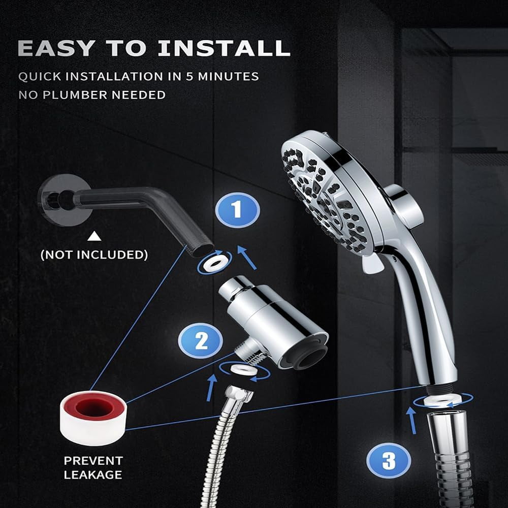 BN-LINK High Pressure 10 Ways Handheld Shower Head Chrome- Anti-clog Nozzles, Built-in Power Wash to Clean Tub, Magnetitc Rainfall Shower Wand, with 4.9FT Stainless Steel Water Hose, Adjustable Spray