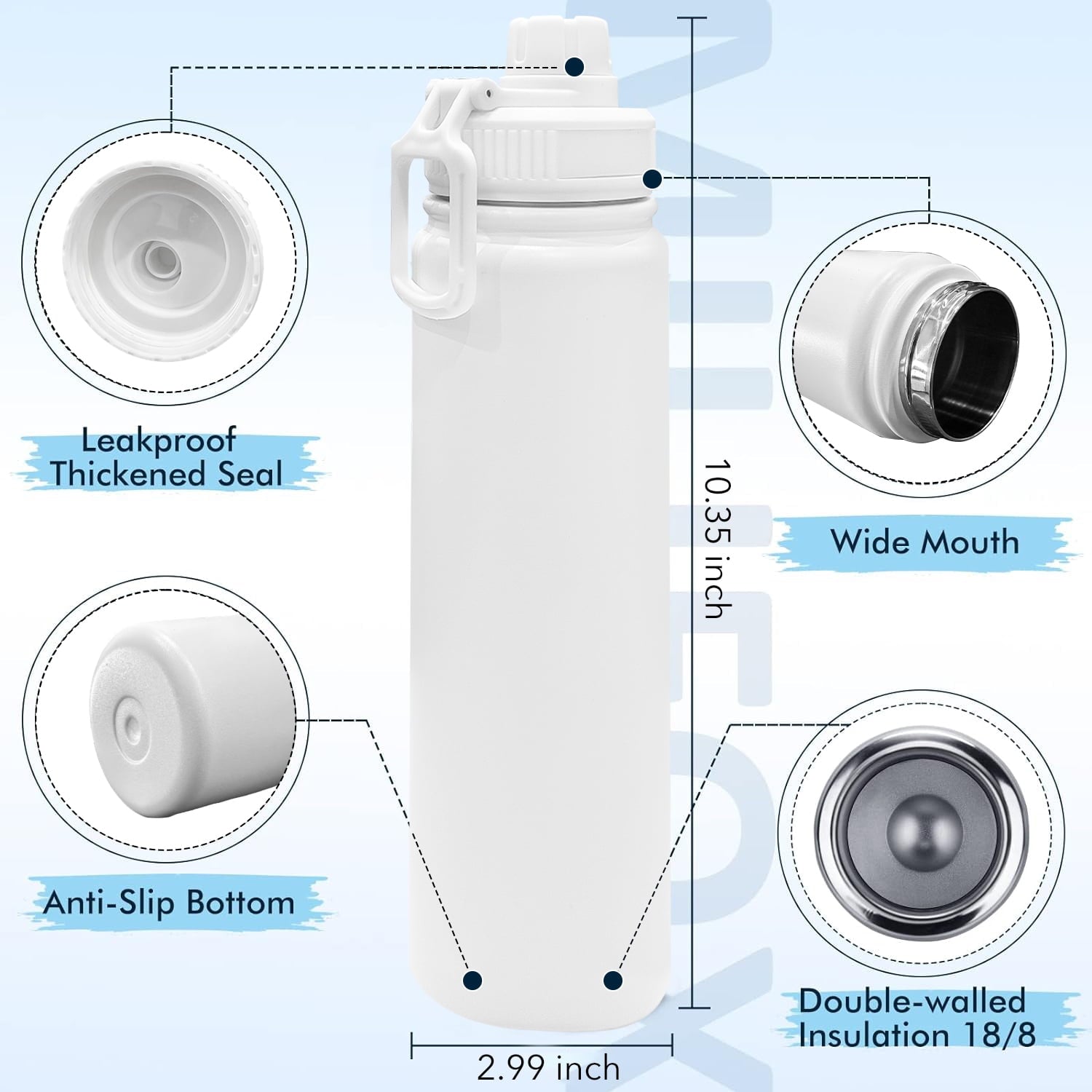 BN-LINK 25oz Insulated Sports Water Bottle, Double Wall Vacuum & Stainless Steel, Leak Proof & BPA-Free, Keeps Cold and Hot, Great for Travel, Hiking, Biking, Running(White)