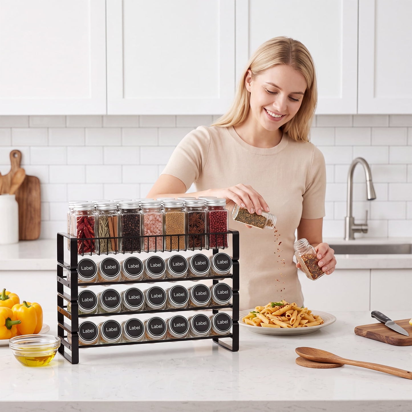 Behome 4 Tiered Spice Rack Organizer for Cabinet, Spice Seasoning Rack Organizer Without Jars, Metal Seasoning Storage Rack for Kitchen Countertop, Black