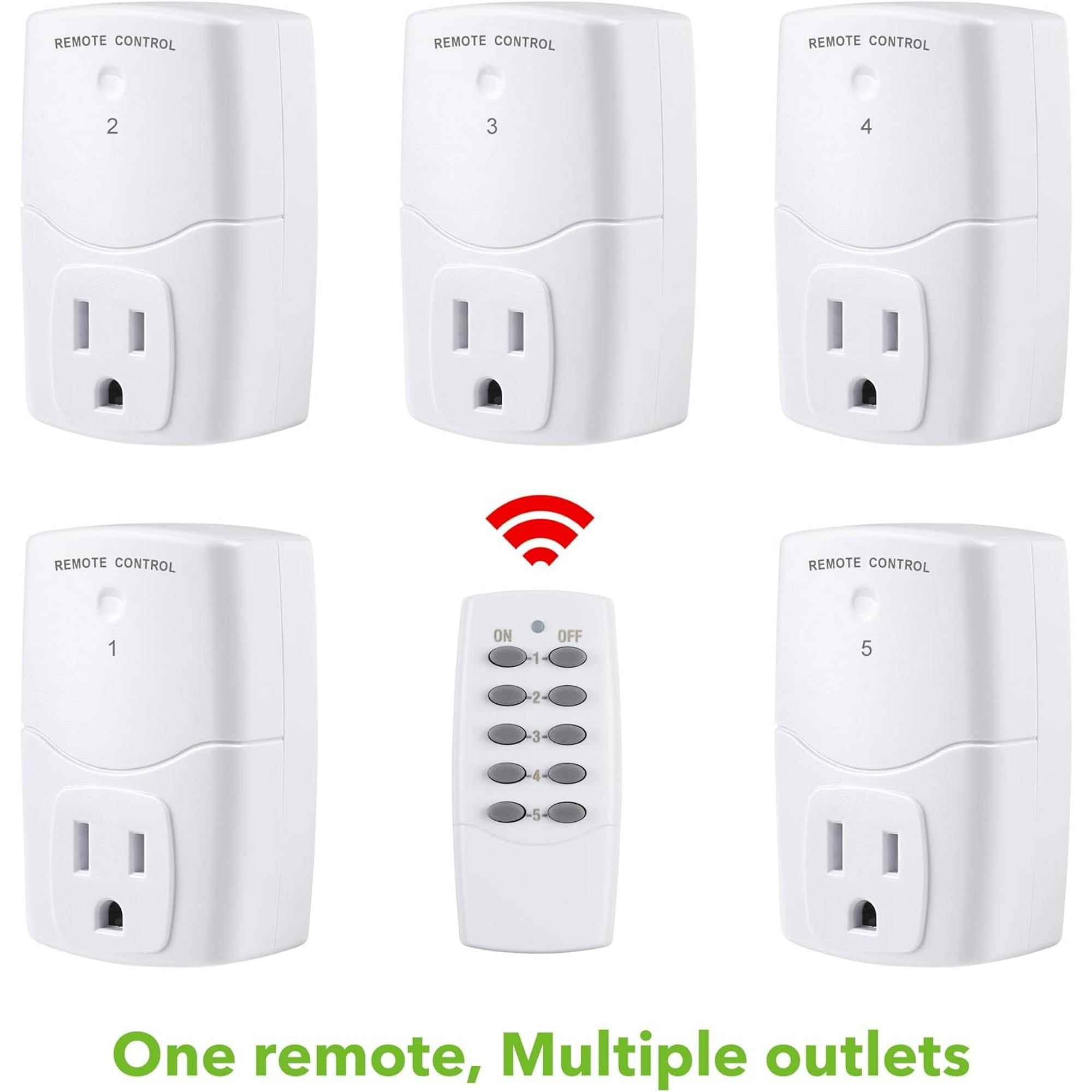 BN-LINK Wireless Remote Control Outlet Switch for Household Appliances, Wireless Remote Light Switch, LED Light Bulbs, White (2 Remotes + 5 Outlets) 1250W/10A