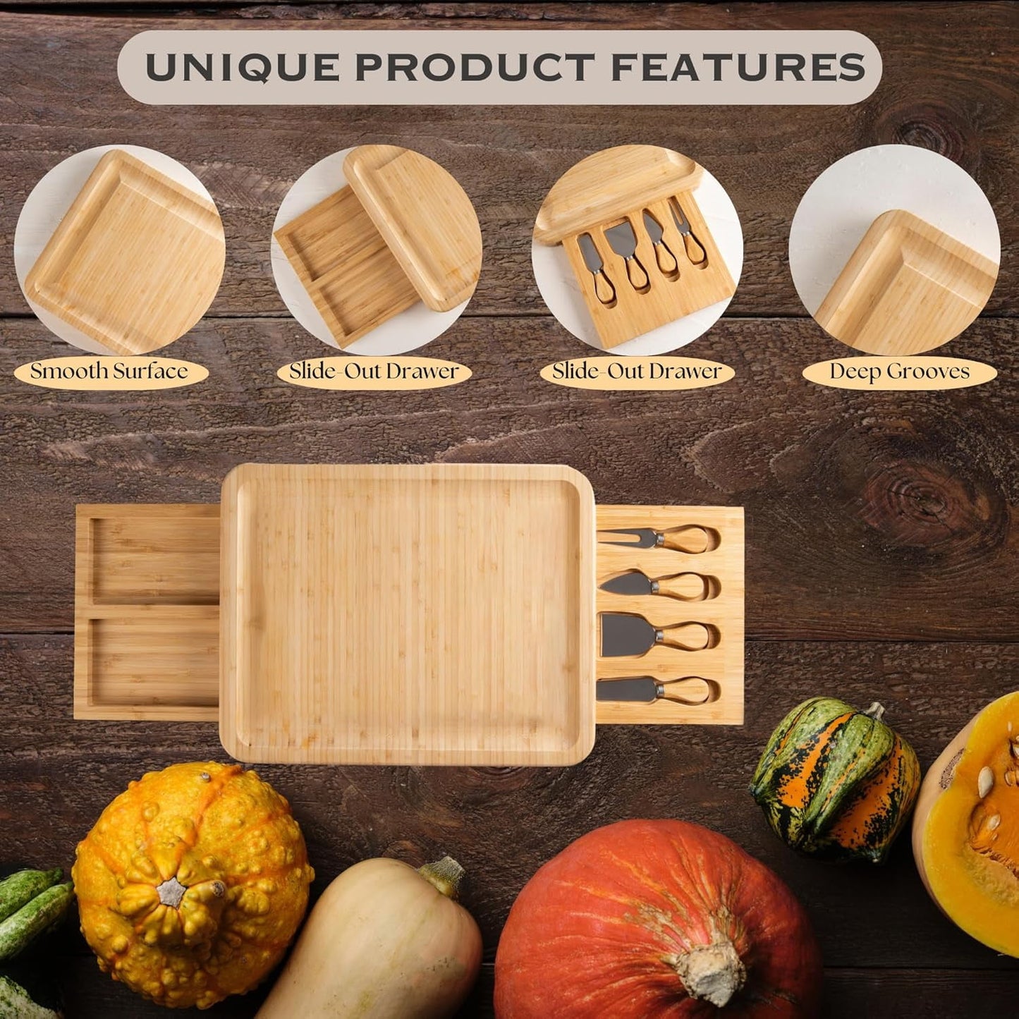 BN-LINK Charcuterie Board Set, 2 Drawers Large Bamboo Cheese Board & Platter with Accessories, House Warming Gift & Holiday Gift