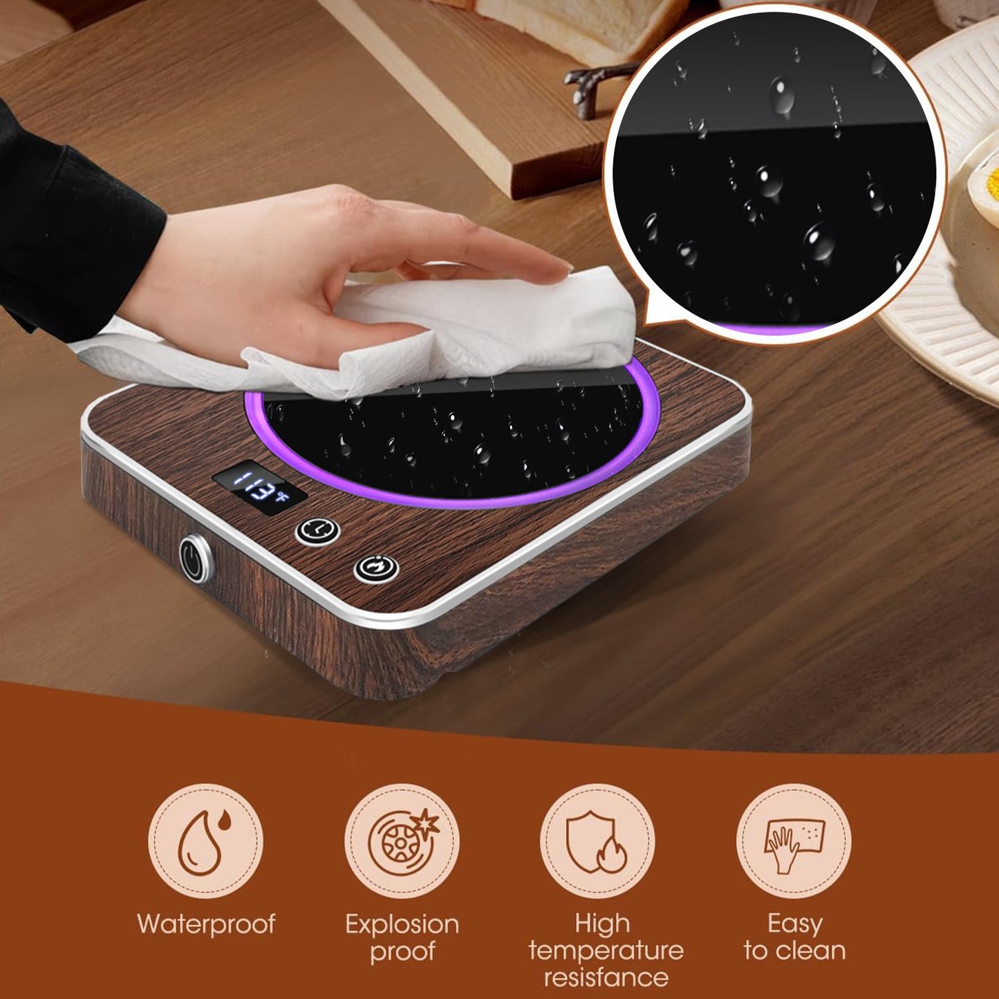BN-LINK Coffee Mug Warmer with Light, Electric Cup Warmer for Desk with 3 Temperature Settings, Auto Shut Off, Beverage Warmer for Heating Coffee, Milk, Tea and Hot Chocolate(Wood Color)