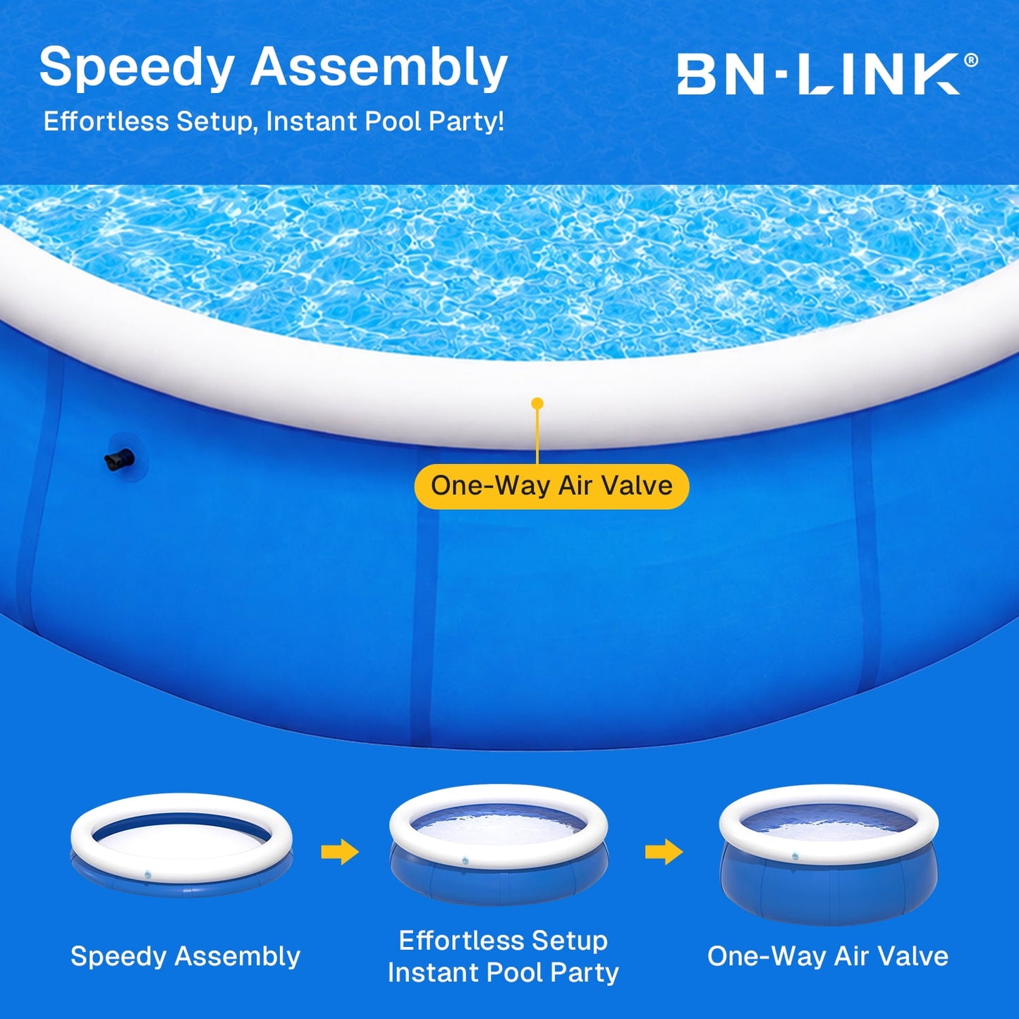BN-LINK 10’ x 30” Above Ground Swimming Pool, Easy Set Up Inflatable Pool, Outdoor Above Ground Round Air Top Ring Pools for Kids and Family, Blue
