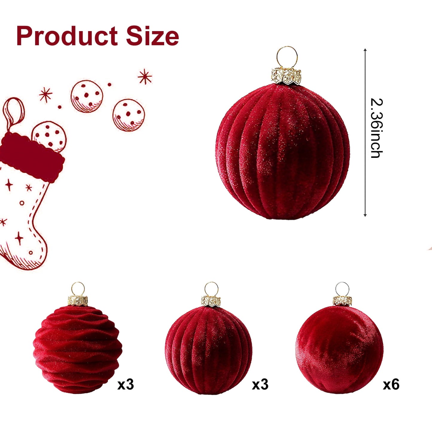 Behome 12 Packs Velvet Christmas Ball Ornaments, 2.36 Inches Flocked Hanging Xmas Balls Decorations for Xmas Tree, Holiday, Wedding, Party