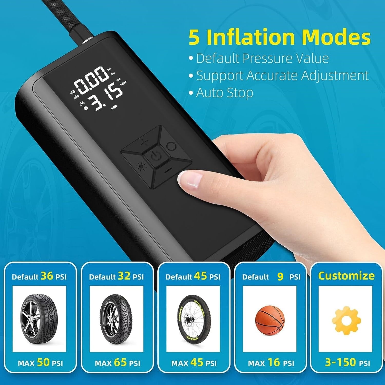 BN-LINK Tire Inflator Portable Air Compressor, Air Pump for Car Tires with Digital Tire Pressure Gauge, for Car, Motorcycle,Basketball, Inflatables, Bike Pump with LED Flashlight