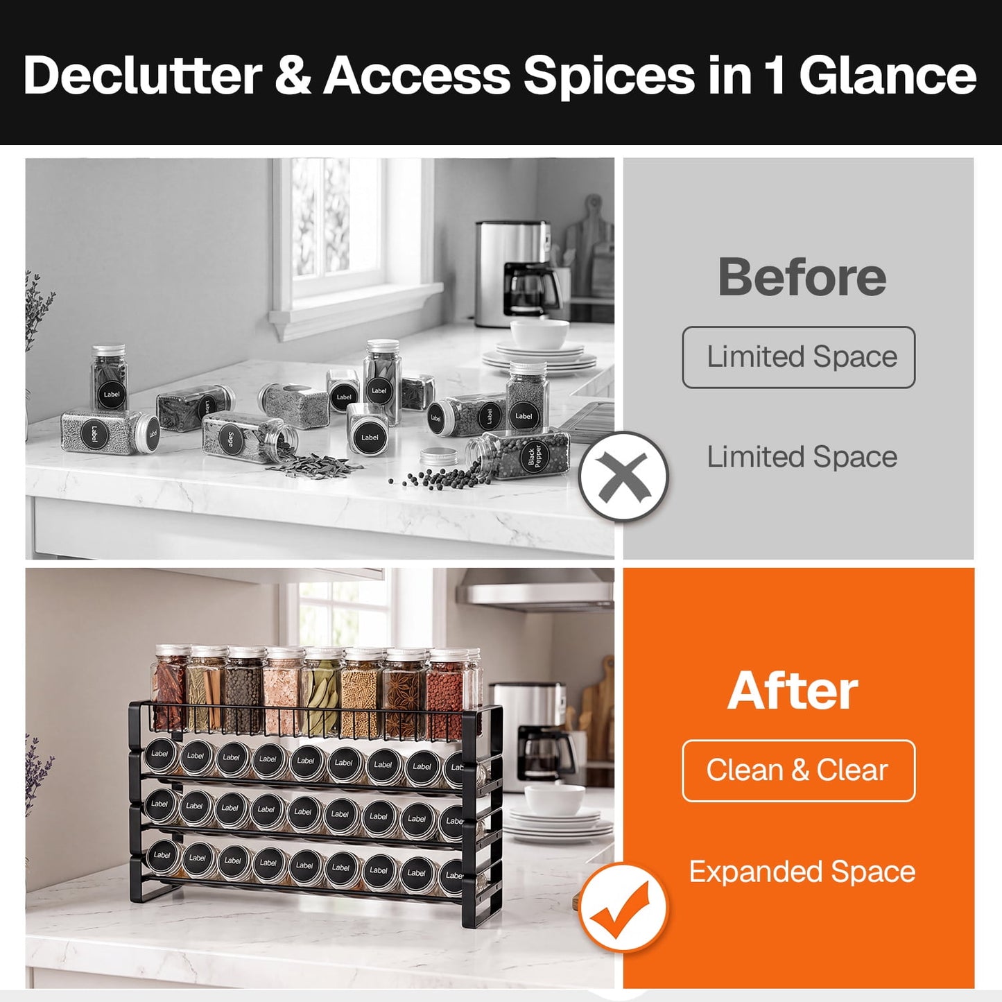 Behome 4 Tiered Spice Rack Organizer for Cabinet, Spice Seasoning Rack Organizer Without Jars, Metal Seasoning Storage Rack for Kitchen Countertop, Black