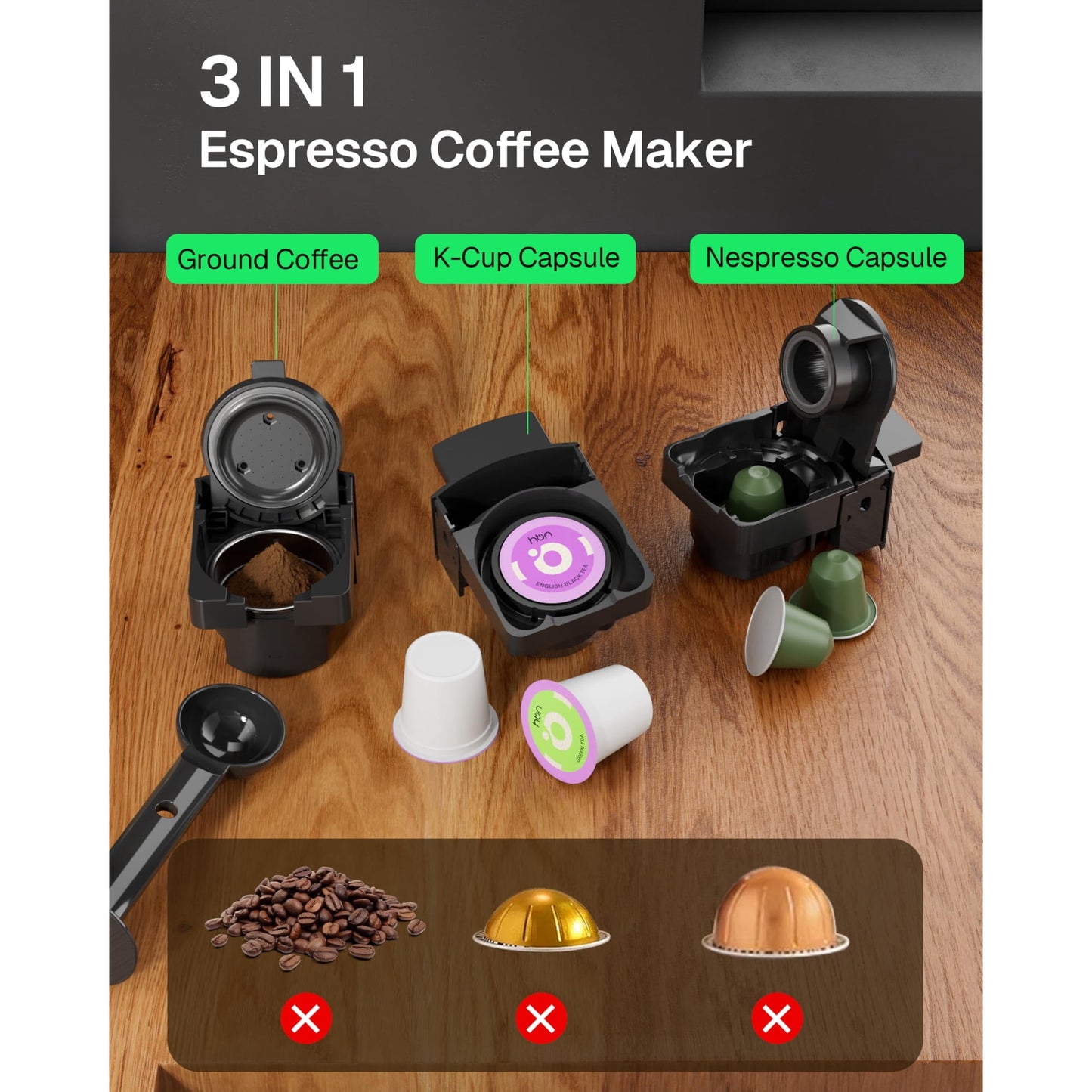 HBN 3-in-1 Coffee Maker, Multi Coffee Maker Single Serve for Nespresso Capsule & K-Cup Pods & Ground Coffee, 19Bar One-Touch Brewing Espresso Machine, 20oz Removable Water Tank, 1450W Fast Heat