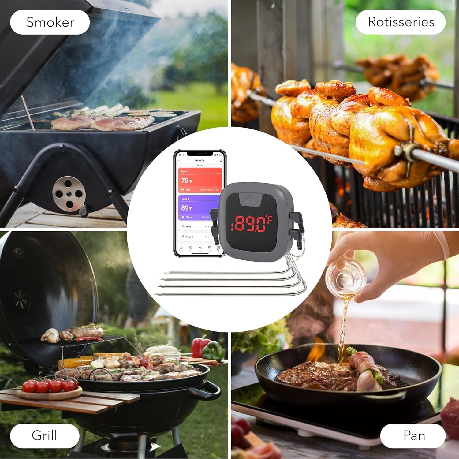 Bluetooth Meat Grill Thermometer with 4 Probes, Wireless Barbecue Cooking Thermometer with Alarm & Timer, Rechargeable BBQ Thermometer for Smoker, Oven, Kitchen