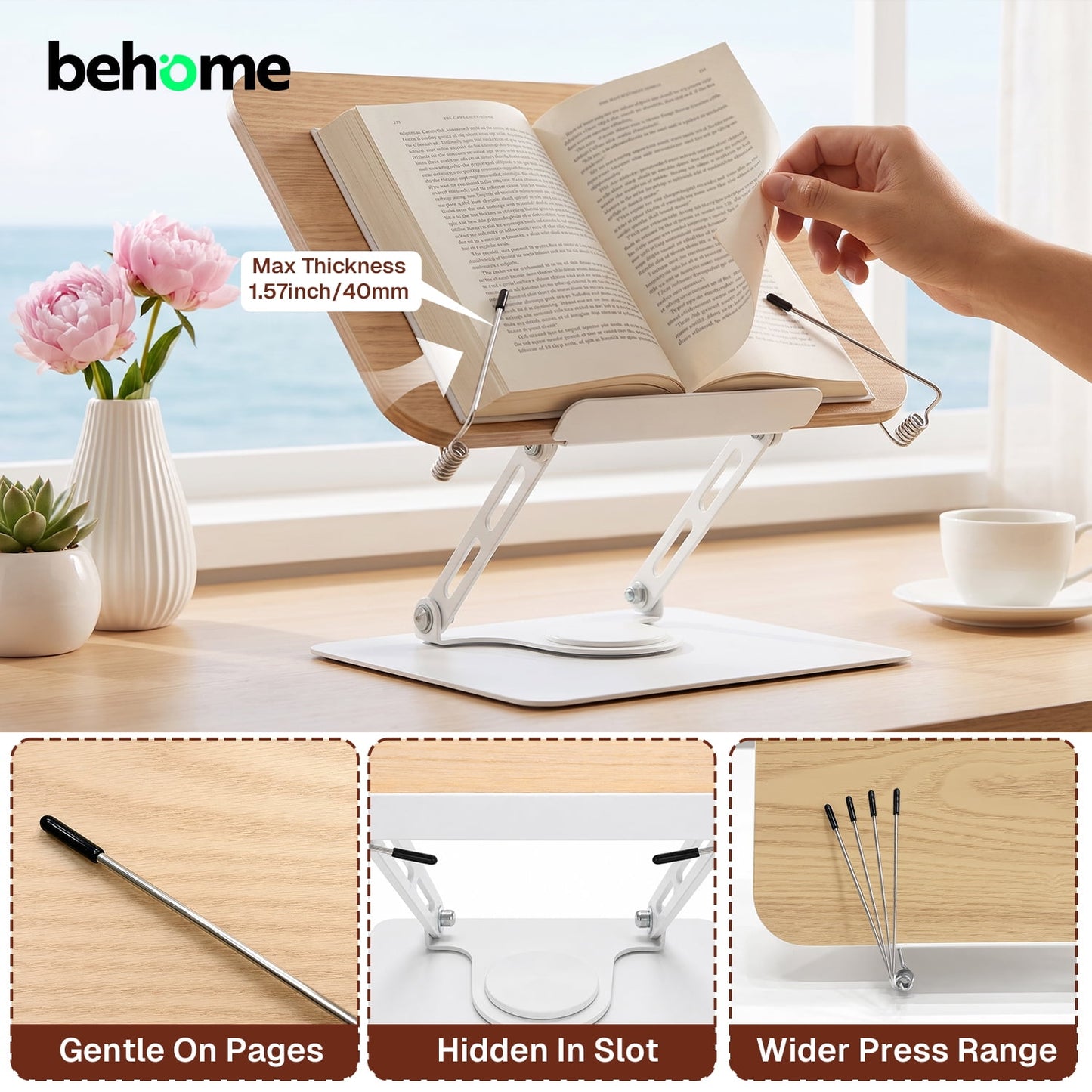 Behome Wood Book Stand, Adjustable Cookbook Stand with 360°Swivel Base & Page Paper Clips, Foldable Book Holder for Music Book, Tablet, Kitchen & Office
