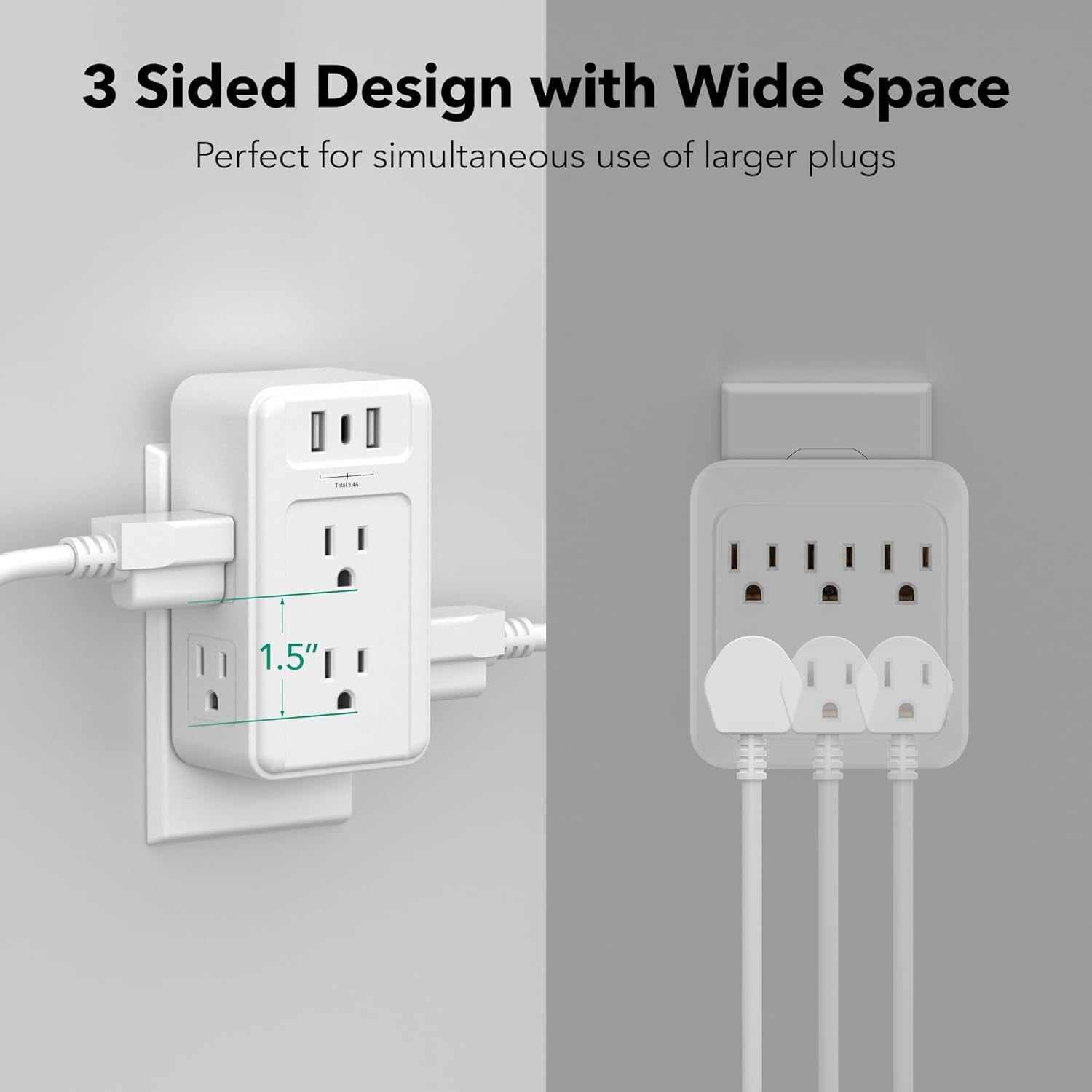 BN-LINK Multi Plug Outlet Extender, 6 Wall Outlets and 3 USB Ports (1 USB C), Multi Outlet Splitter Power Strip, USB Wall Power Strip Plug Adapter for Home, Office, Travel, 5V, 3.4A