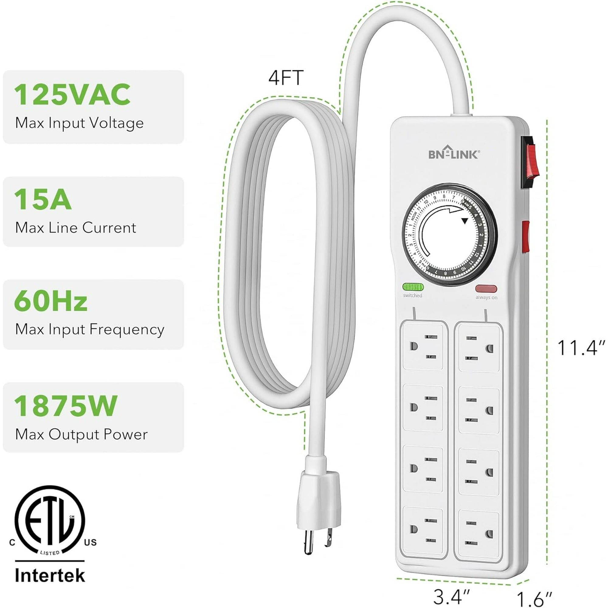 BN-LINK 8 Outlet Surge Protector with Mechanical Timer (4 Outlets Timed, 4 Outlets Always On), White