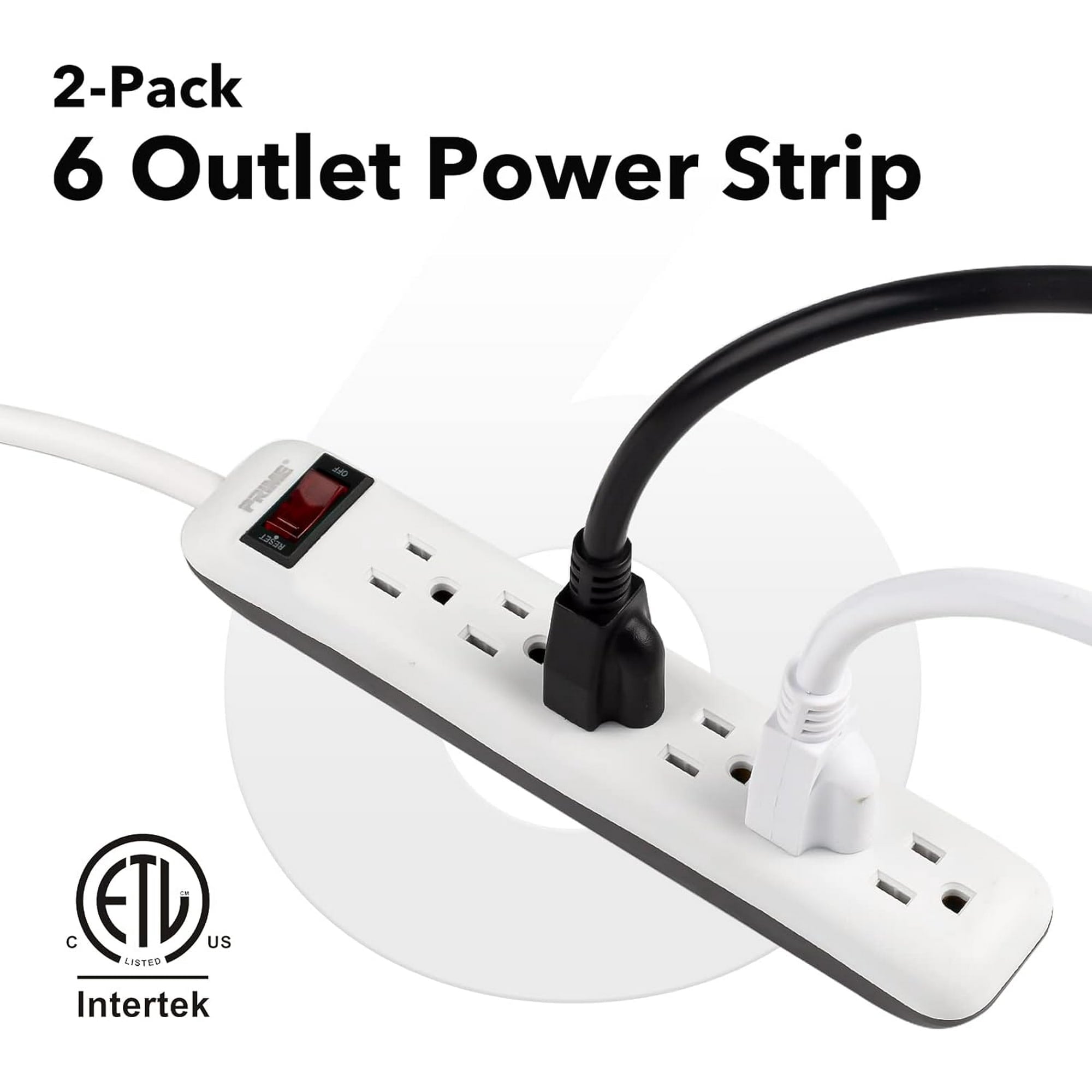 Clear Power 2-Pack 6 Outlet Power Strip with 1.5 ft Power Cord, 3 Prong Grounded Straight Plug, White, 15 Amp Circuit Breaker