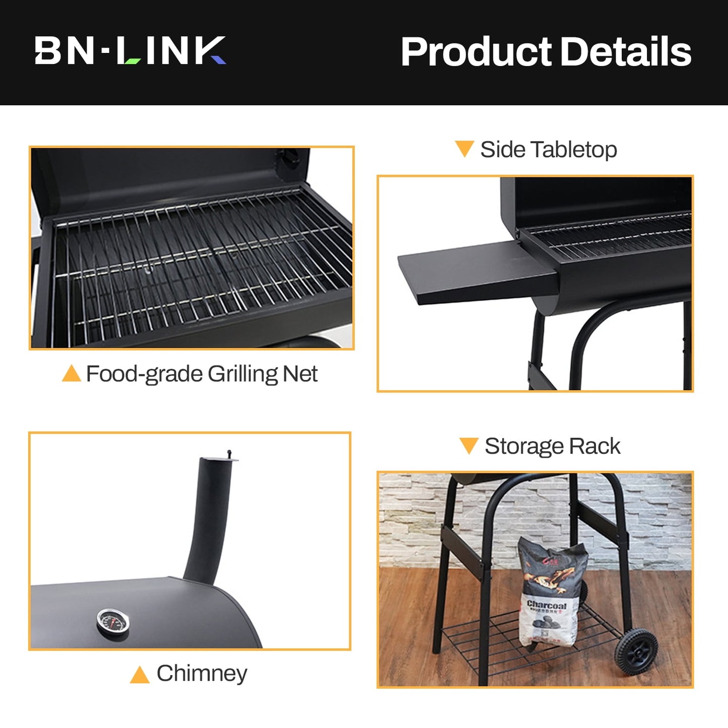 BN-LINK Barrel Charcoal Grill, Outdoor Grill with Side Shelf and Built-In Thermometer, 320 Sq. In. Cooking Area, Portable BBQ Grill & Smoker Combo for Backyard, Parties, Camping