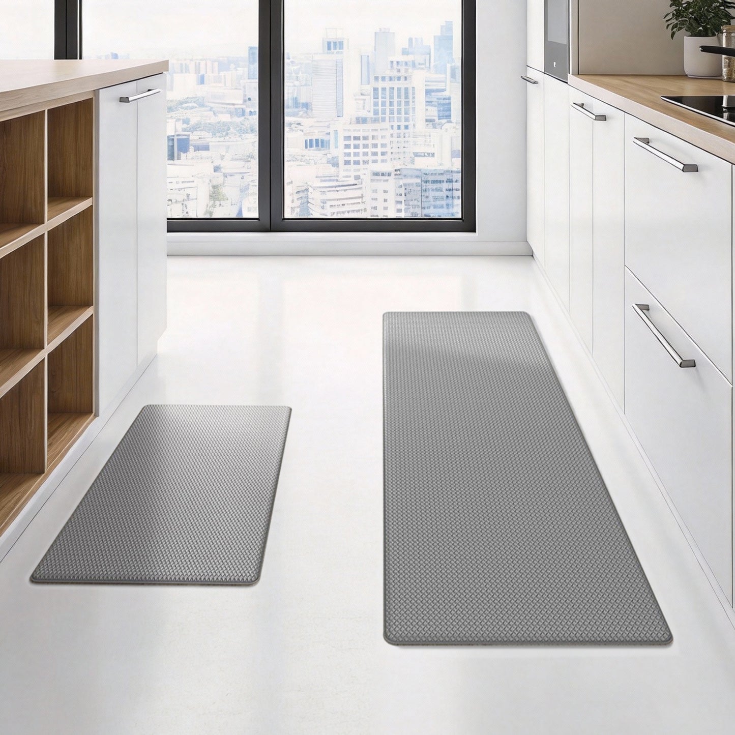 Behome 2 Pack Kitchen Mats, Cushioned Anti Fatigue Rugs, Non-Slip Waterproof Comfort Standing Mats for Kitchen, Office, and Floor, 17.3"x30"+17.3"x47", Grey