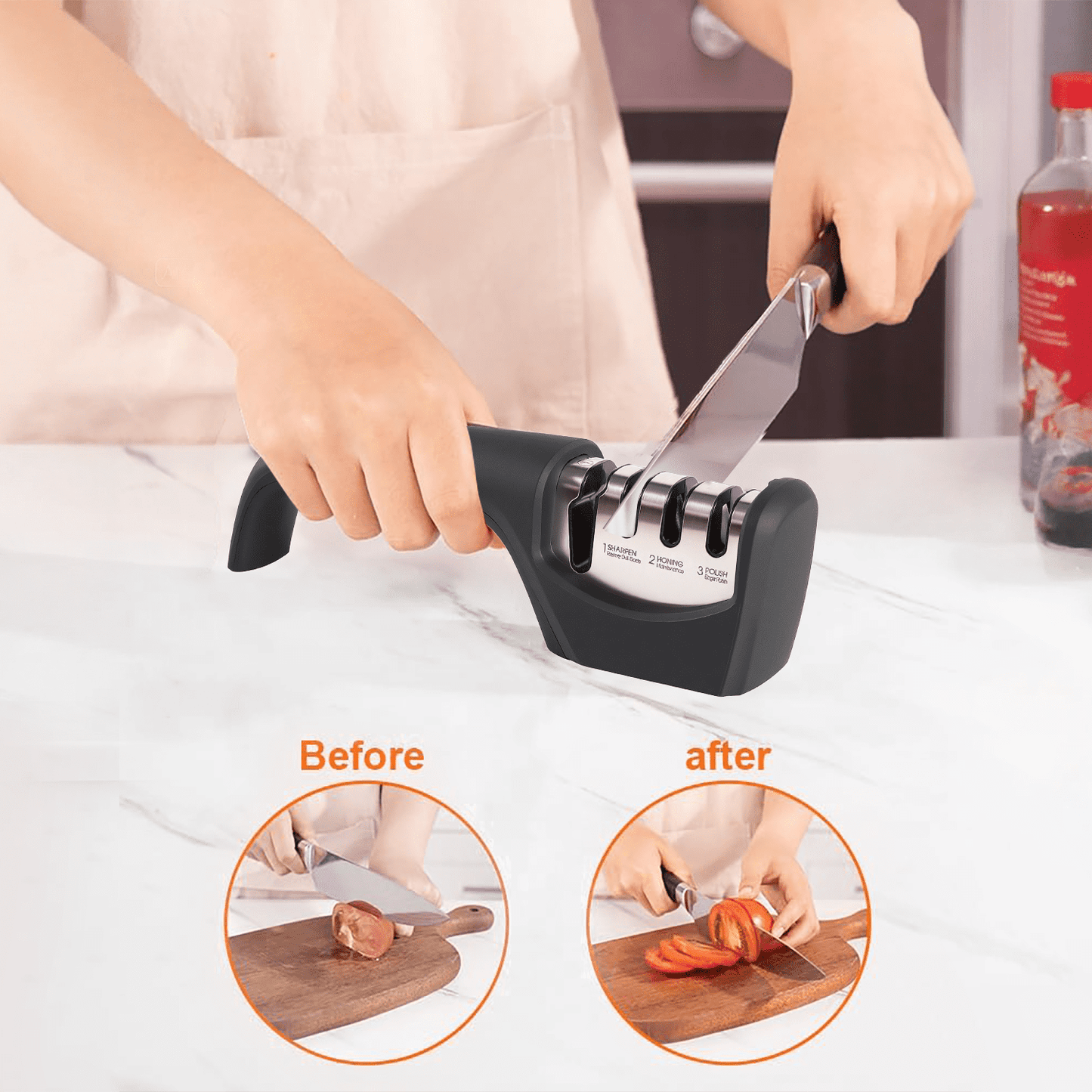 Behome 4-in-1 Knife Sharpener, 4-Stage Knife Sharpener Helps Sharpen, Honing, Polish Blades, kitchen Manual knife Sharpener for Fruit Knife and Steel Knives, Scissors