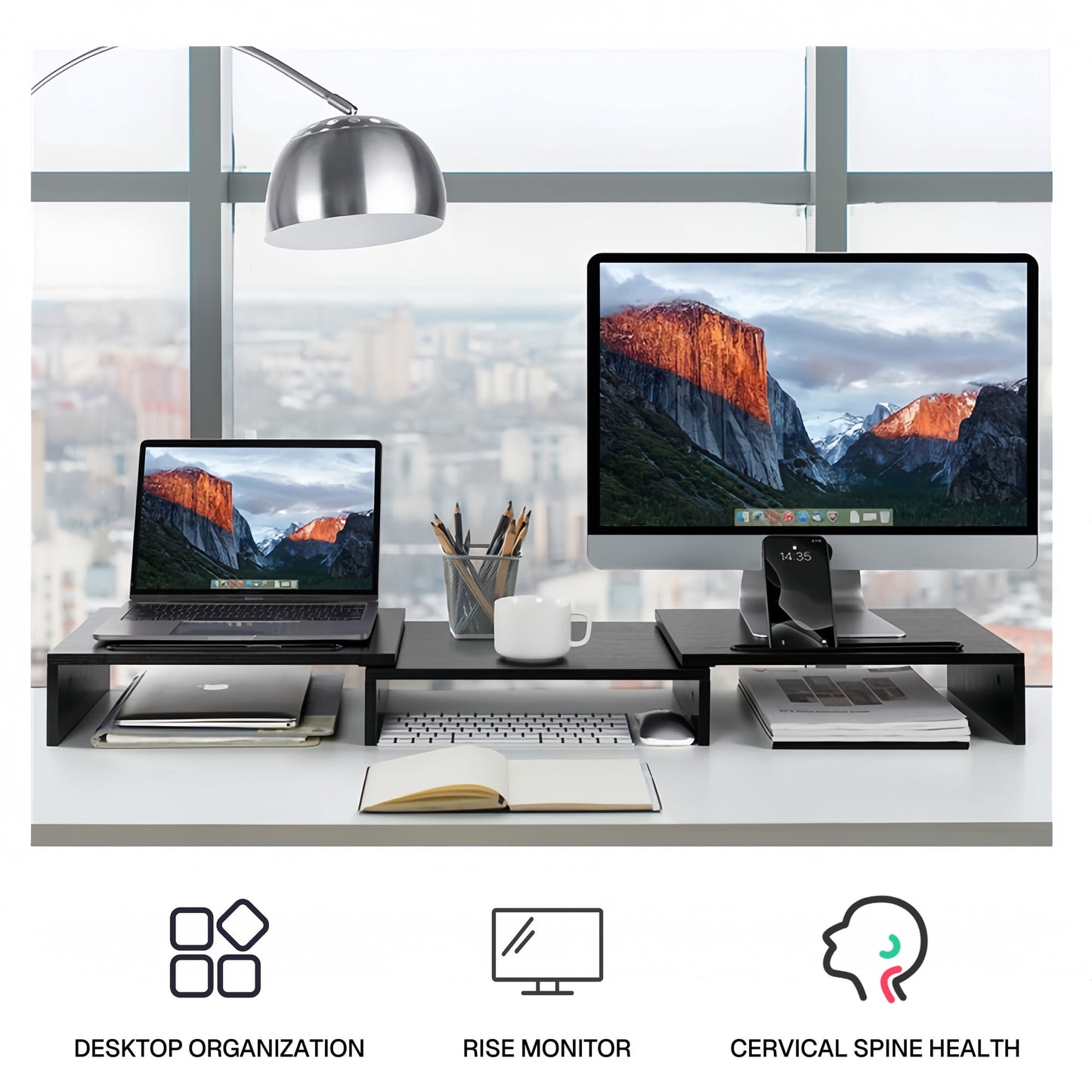 Behome Monitor Riser, Dual Monitor Stand Riser for 2 Monitors, Adjustable Length and Angle with 2 Slot, Computer Monitor Stand for Screen, Computer, Printer (Black)