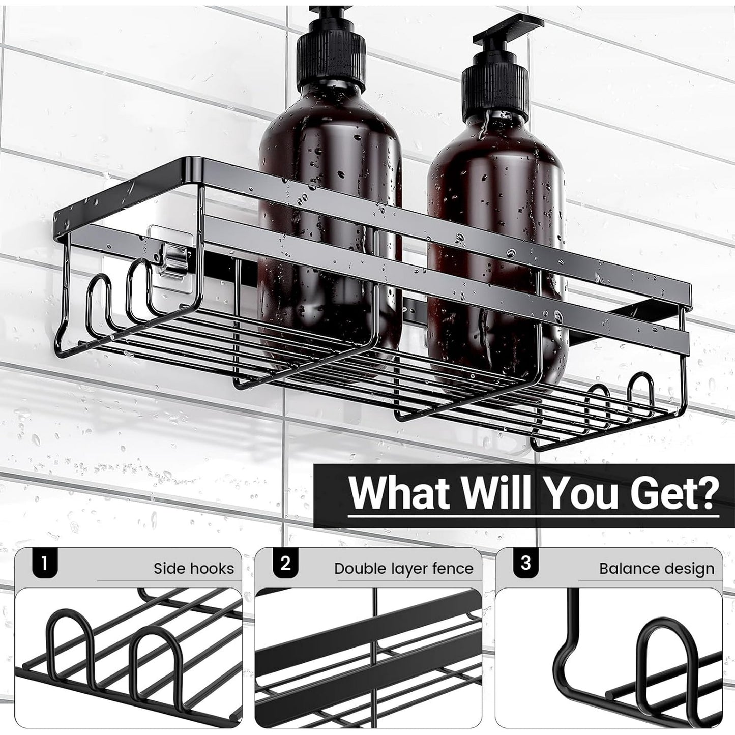 BN-LINK Shower Caddy, 2 pack Adhesive Shower Organizer Shower Rack with 8 Hooks, Shower Shelves Storage Bathroom Organizers and Storage, Black